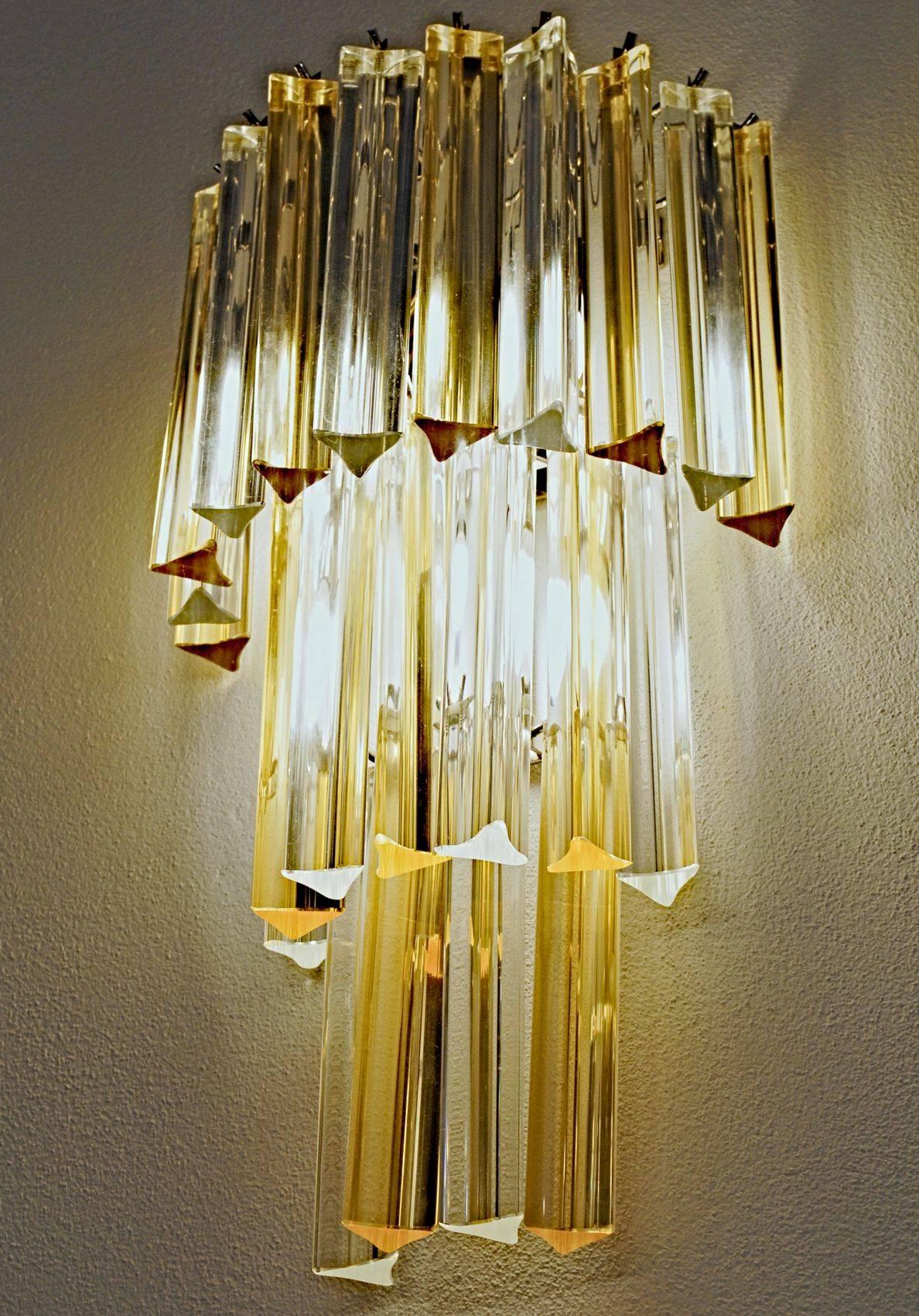 Mid-Century Modern Two Murano Triedri Sconces, Clear with Amber Filigree, Venini attributed