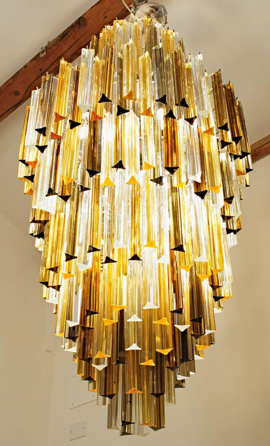 Enamel Murano Clear and two Ambers Glass Triedri Chandelier, Venini attribution, 1980s