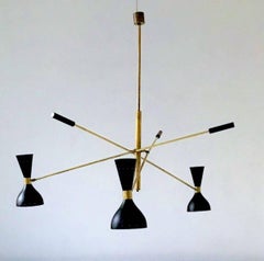 Elegant  Black and Brass Adjustable Three-Arm Triennale Style Chandelier