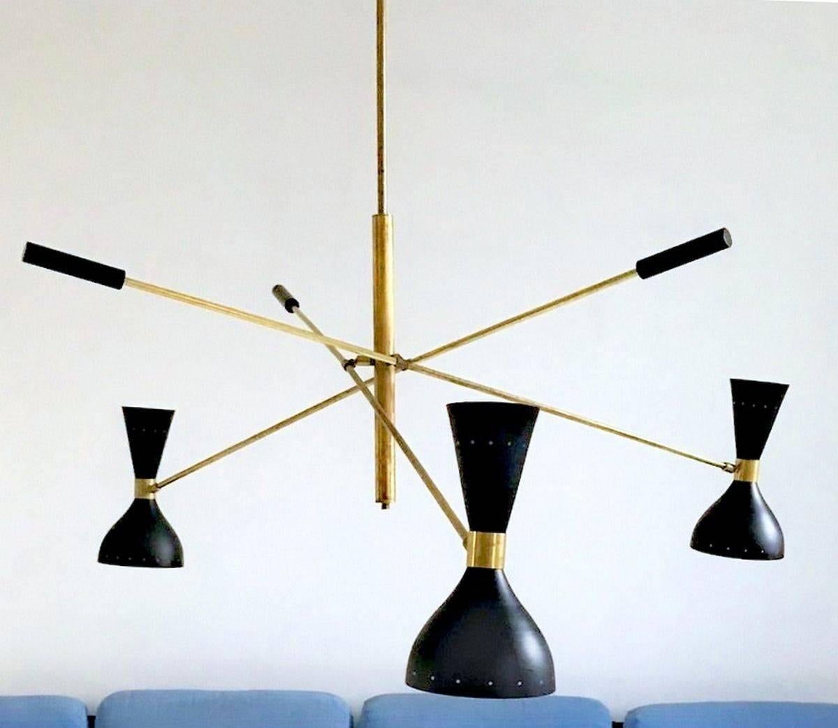 Mid-Century Modern Elegant  Black and Brass Adjustable Three-Arm Triennale Style Chandelier For Sale