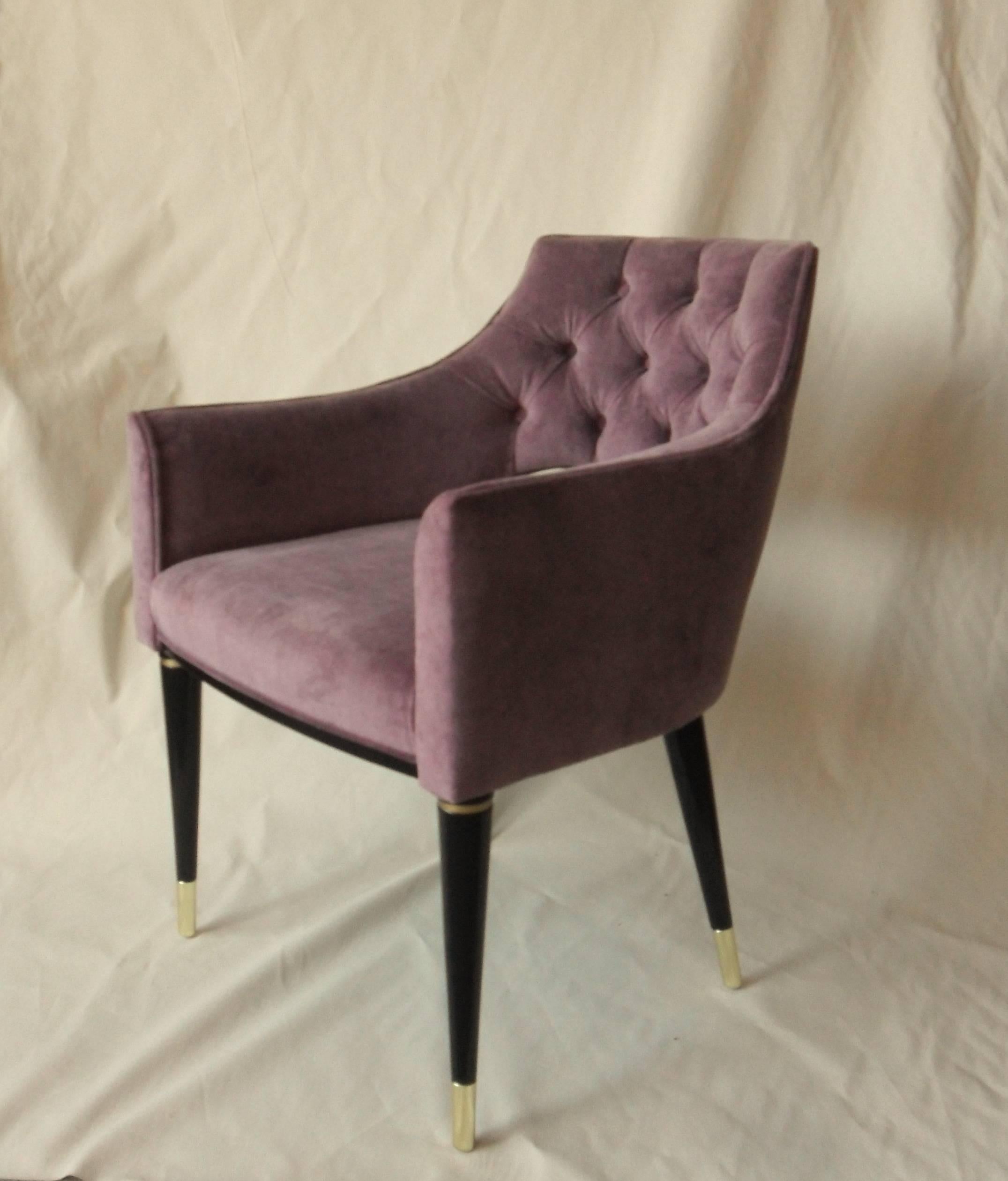 Superb midcentury chair. Set of ten made with beautiful deep English rose velvet. 

Restauration grade finishing and upholstering. Metal ring and fittings.
Extremely comfortable and chic.
Tuscan woven cotton 50% and polyester 50%. Martindale  above