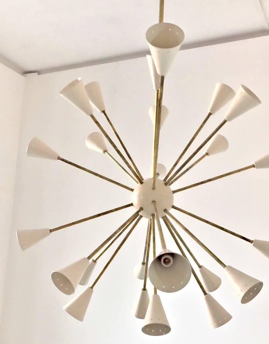 Italian Oval Brass Sputnik Chandelier, 24 Lights, Ivory Shades in the Stilnovo Style