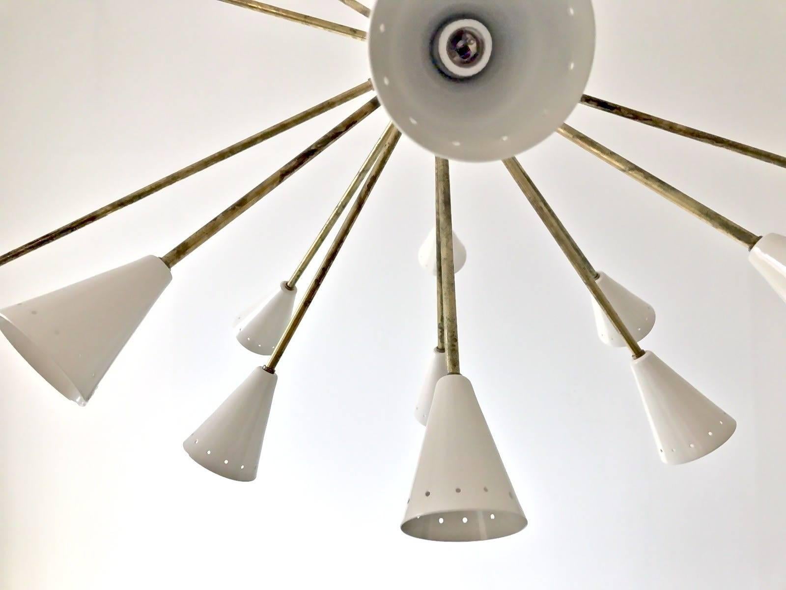 Mid-Century Modern Oval Brass Sputnik Chandelier, 24 Lights, Ivory Shades in the Stilnovo Style