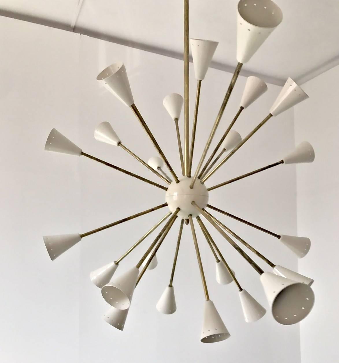 Contemporary Oval Brass Sputnik Chandelier, 24 Lights, Ivory Shades in the Stilnovo Style