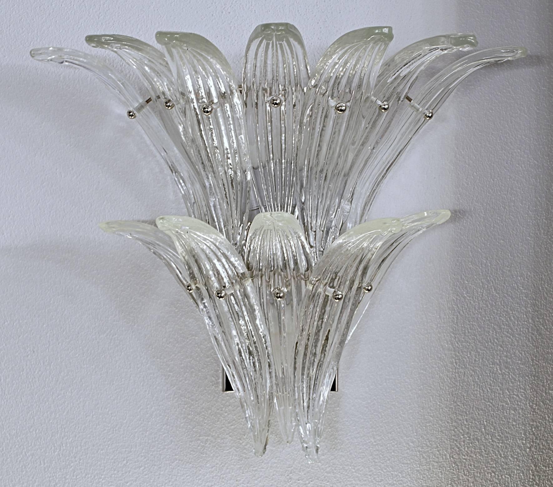 Mid-Century Modern Four Palmette Sconces, 12 Leaves Each, Murano, Barovier Toso Style, circa 1990s