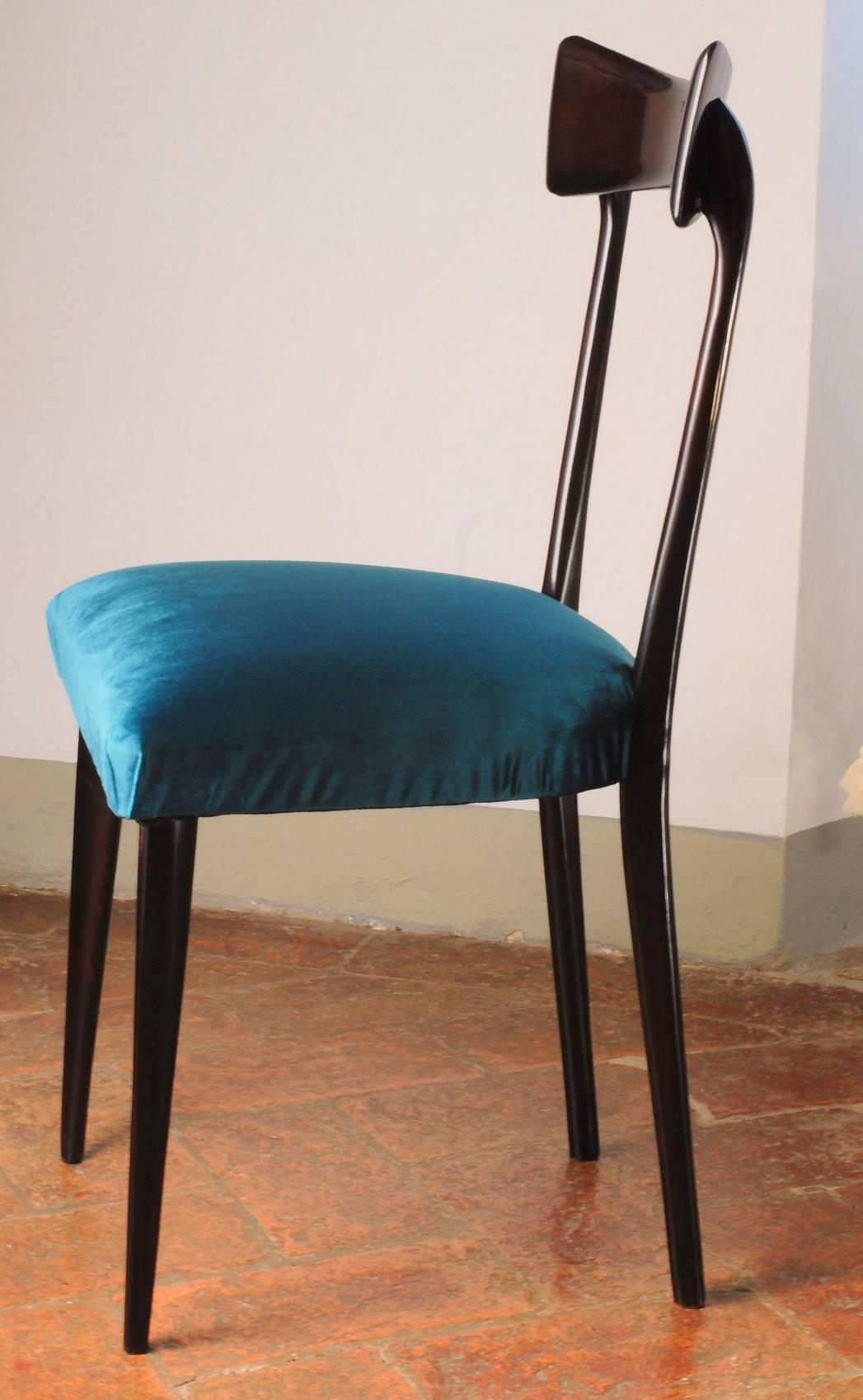 Italian Ico Parisi Six Sculptural Dining Chairs, Fully Restored, Shiny Finish, Velvet