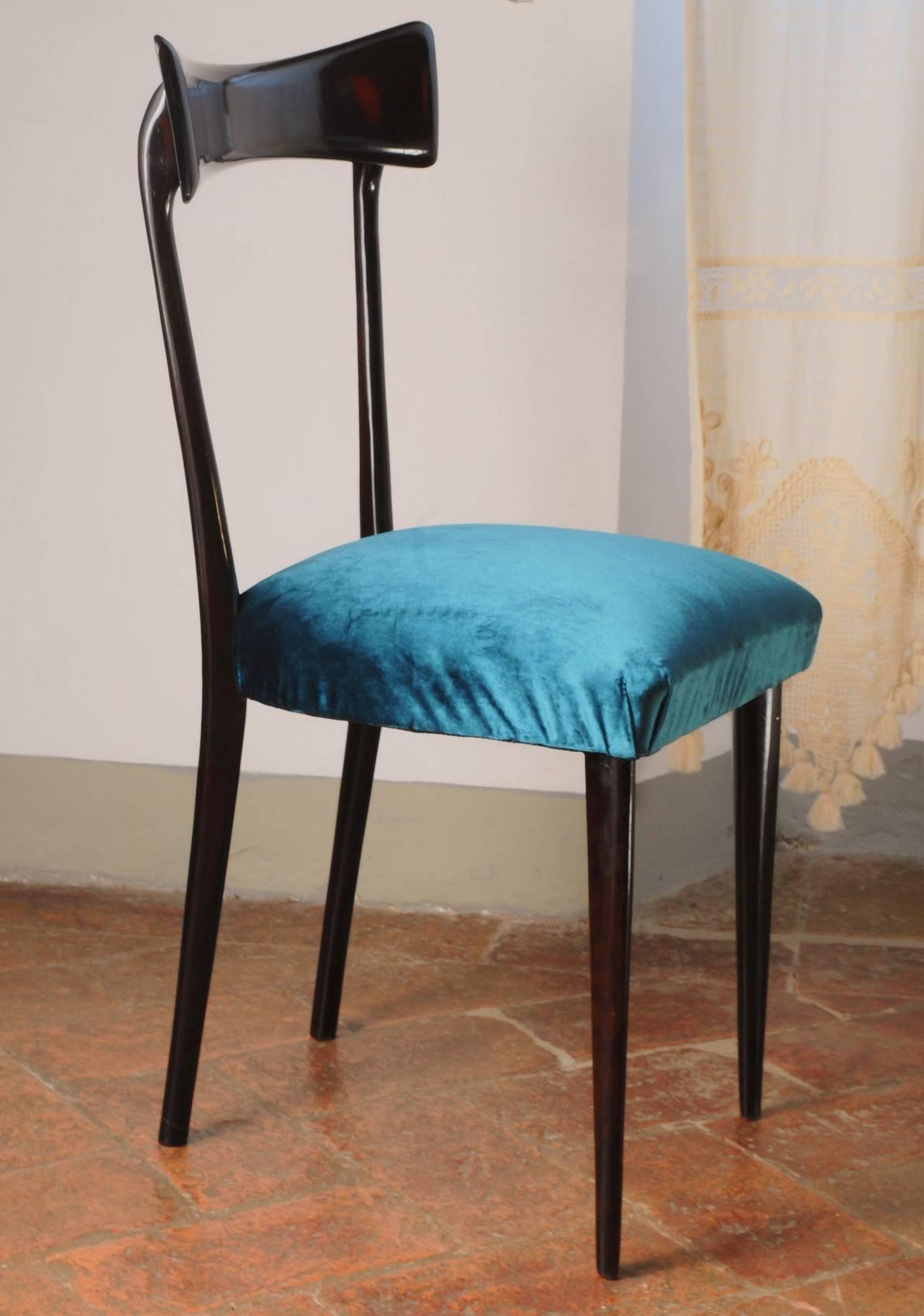 Ico Parisi Six Sculptural Dining Chairs, Fully Restored, Shiny Finish, Velvet 4