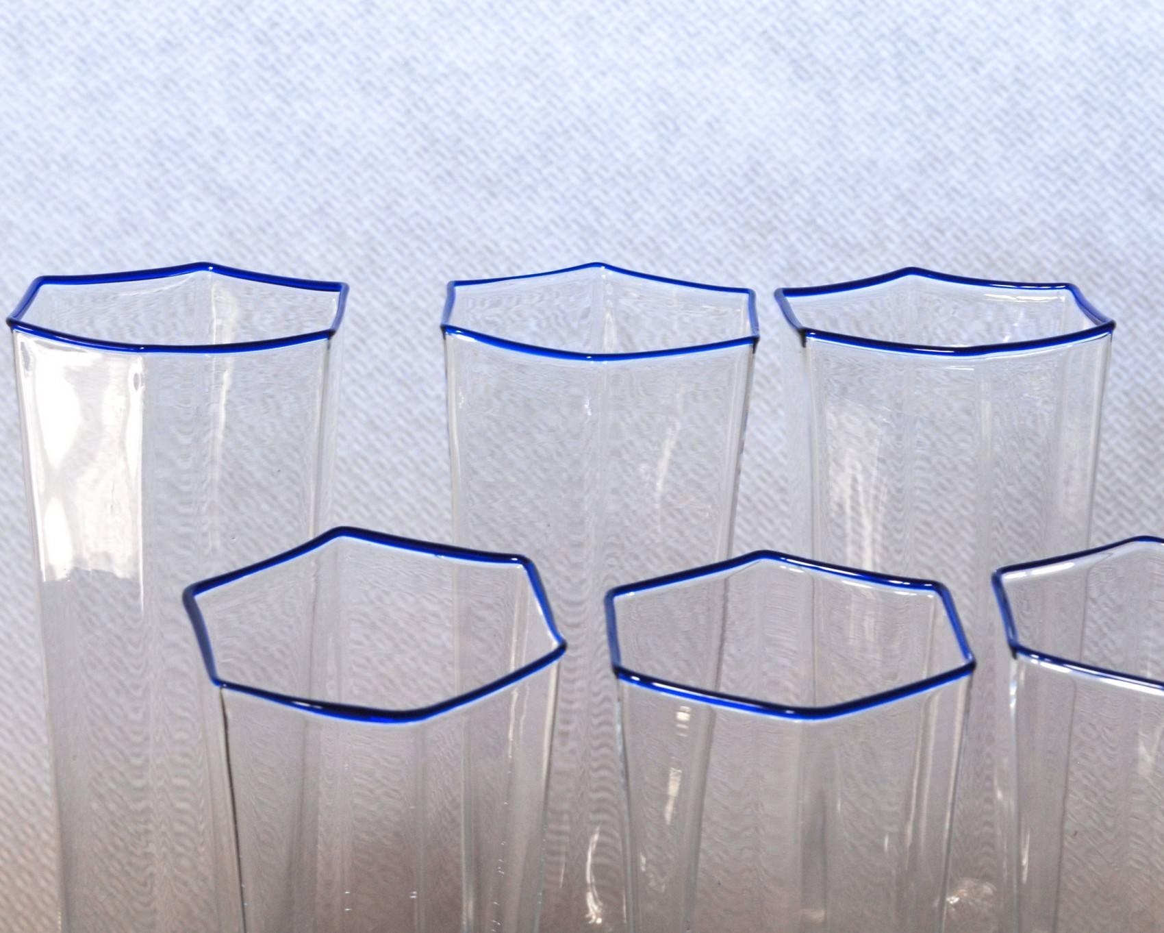Mid-Century Modern Six Hexagonal Pagliesco Glasses, Cobalt Rim, Carlo Scarpa, 1932 Design