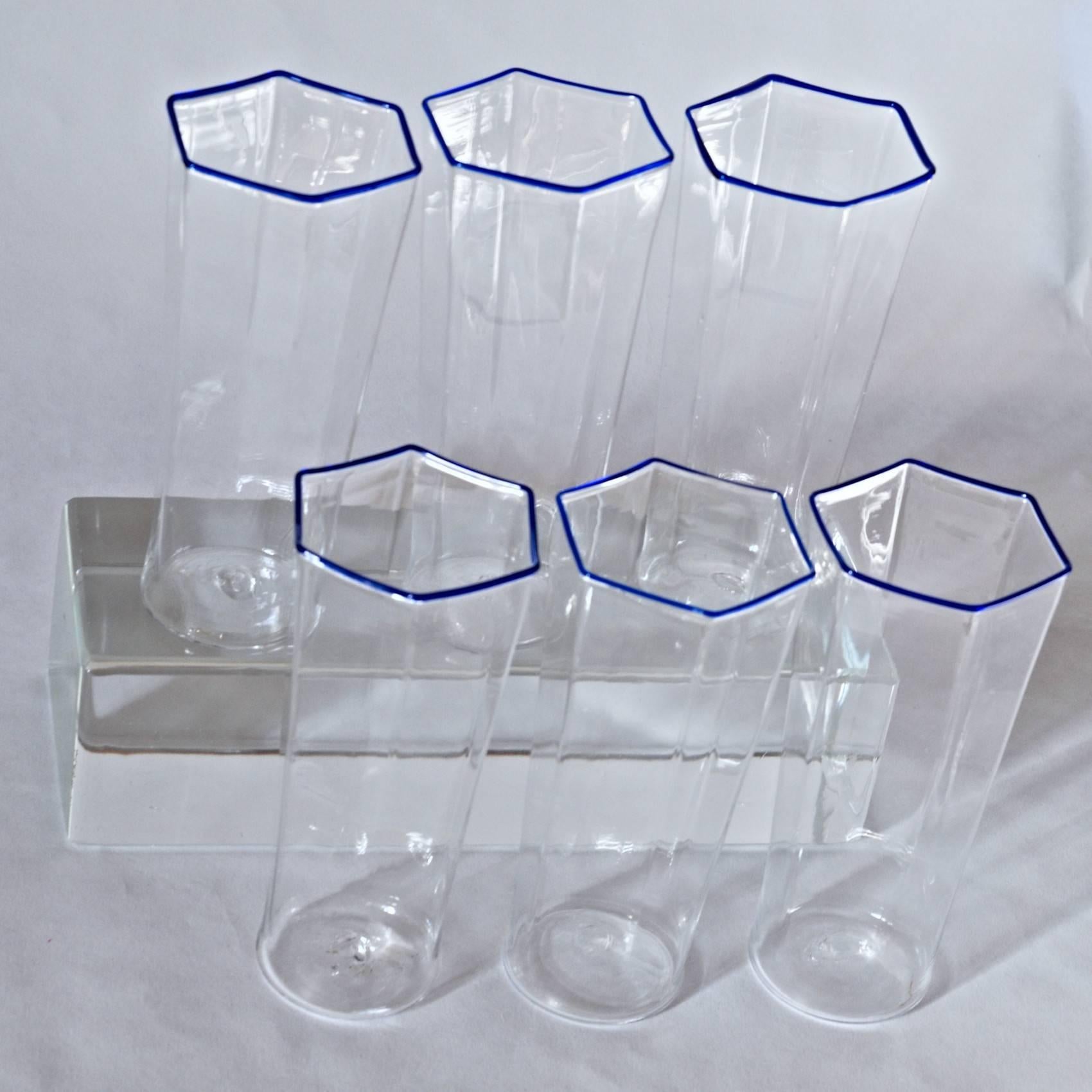 Italian Six Hexagonal Pagliesco Glasses, Cobalt Rim, Carlo Scarpa, 1932 Design