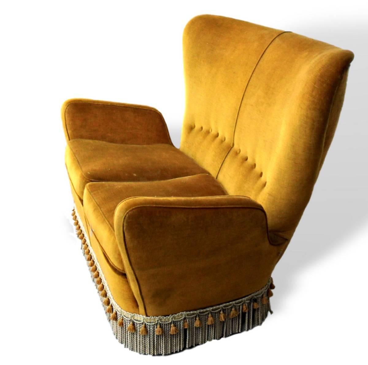 Mid-Century Modern Sala Madini for Galimberti Cantu Small Sofa, 1950s Fully Restored, Gold Velvet