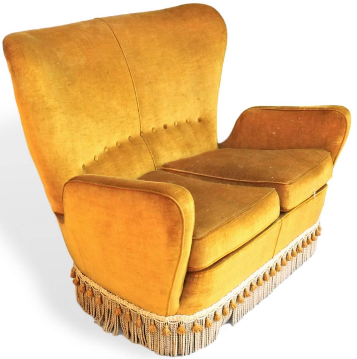 Italian Sala Madini for Galimberti Cantu Small Sofa, 1950s Fully Restored, Gold Velvet