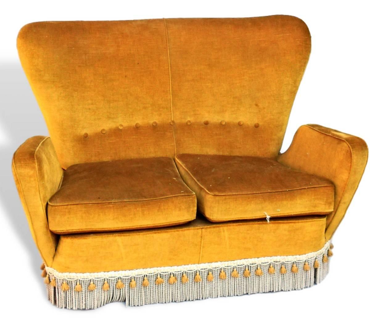 Pictures are showing the unrestored version of the double settee, small sofa that matches the restored armchair. 

For all information refer to that description. 

Price listed is for the restoration equal and with same fabric of the other to