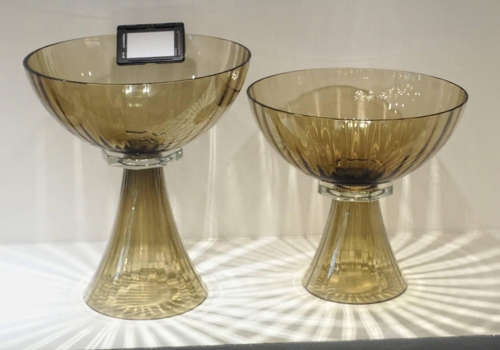 Art Glass Alberto Donà, Footed Bowl, Olive Mezzatinta, Rigadin, Hexagonal Neck, Murano