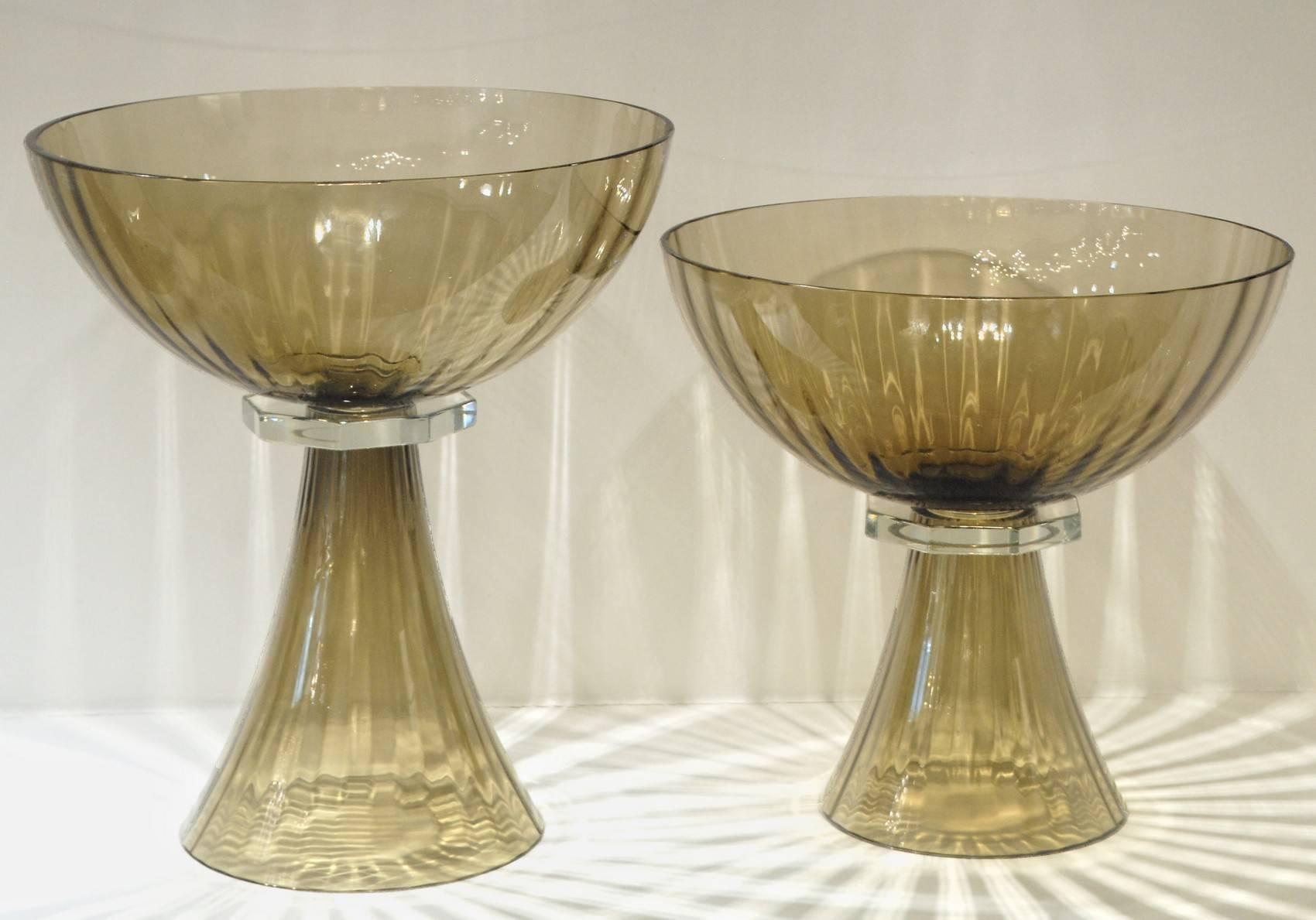 Art Glass Alberto Donà, Tall Footed Bowl, Olive Mezzatinta Rigadin, Hexagonal Neck, Murano