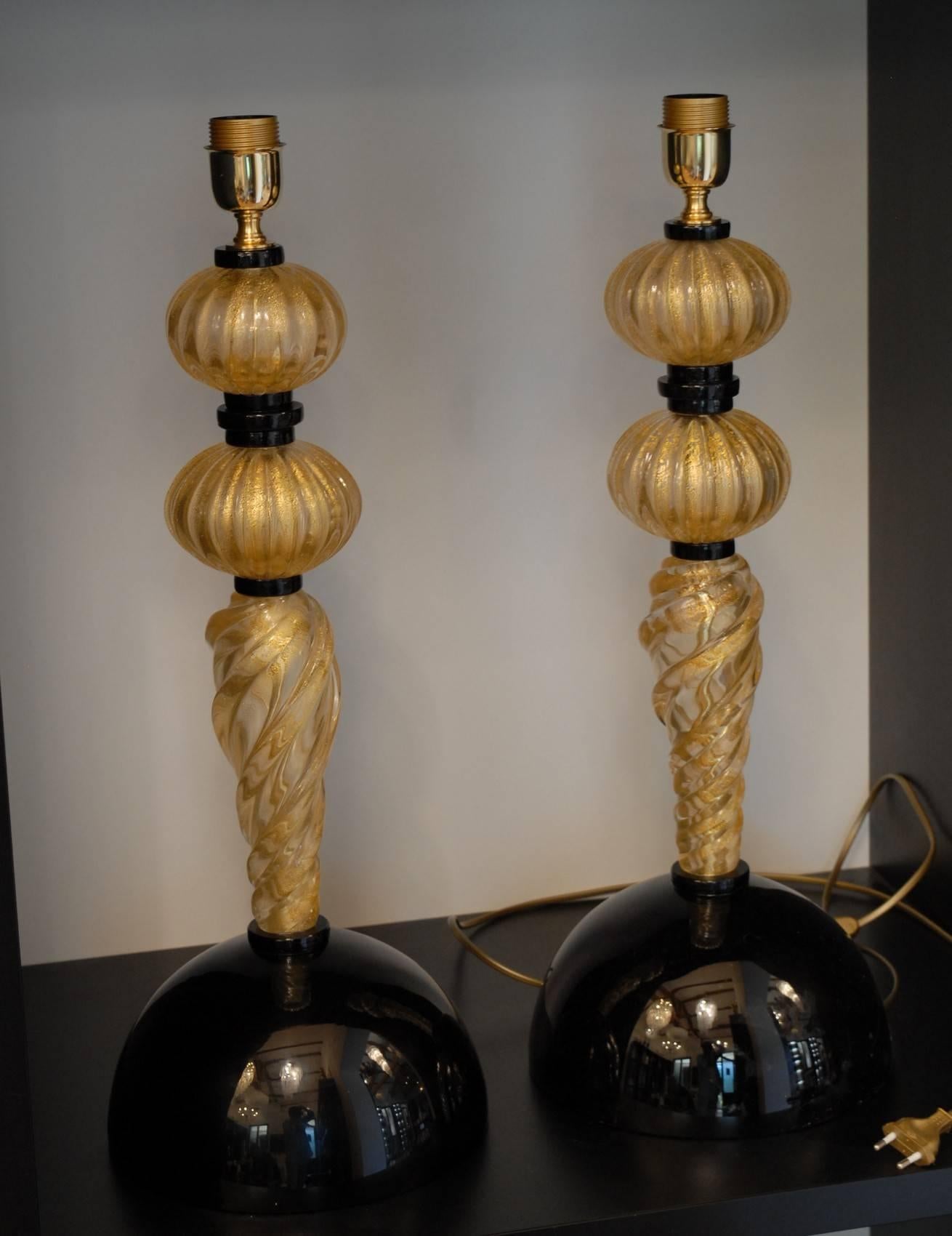 Murano Glass Alberto Dona Pair of Table Lamps, Rigadin Twisted with Gold Leaf, Black Elements