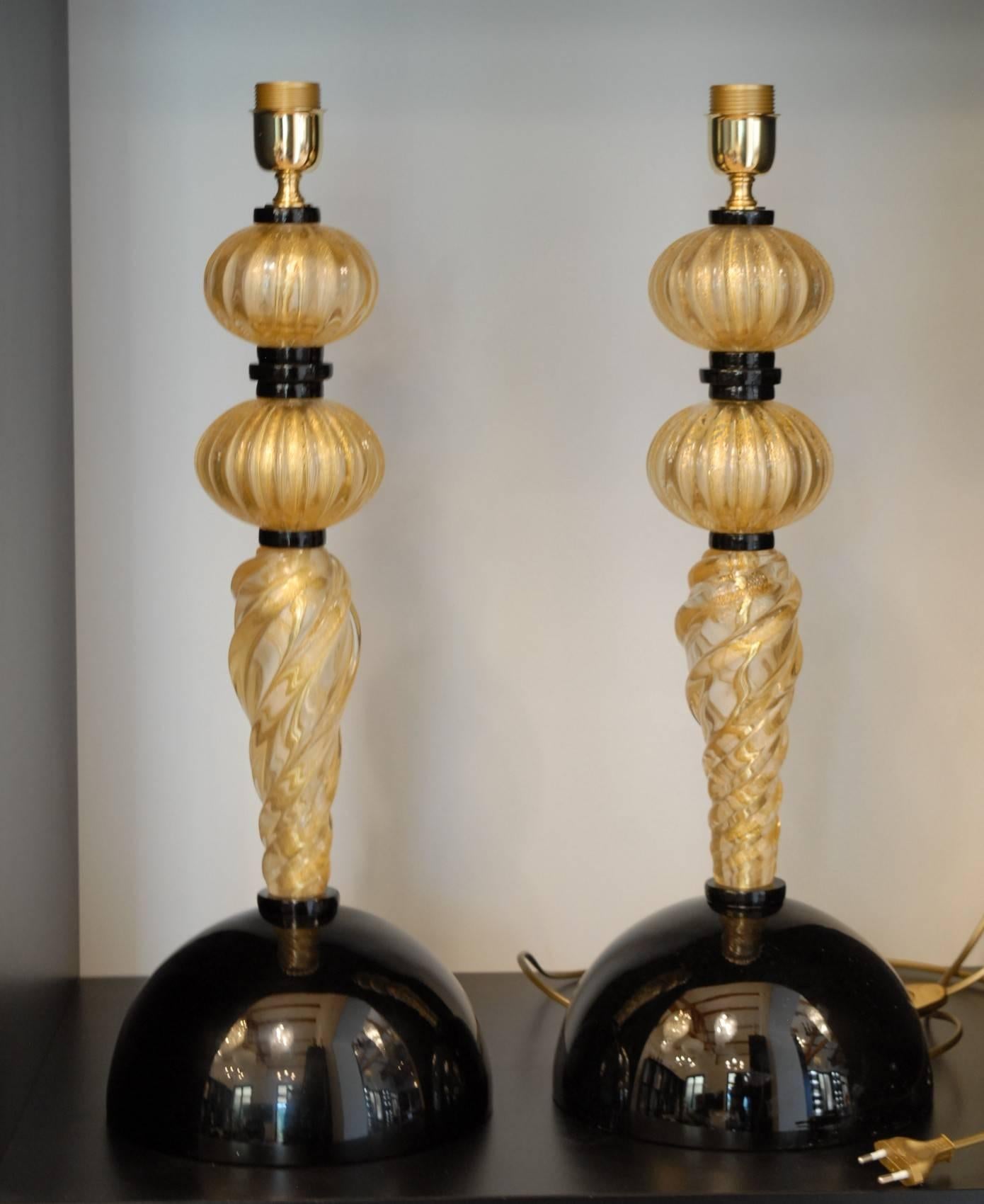 Italian Alberto Dona Pair of Table Lamps, Rigadin Twisted with Gold Leaf, Black Elements