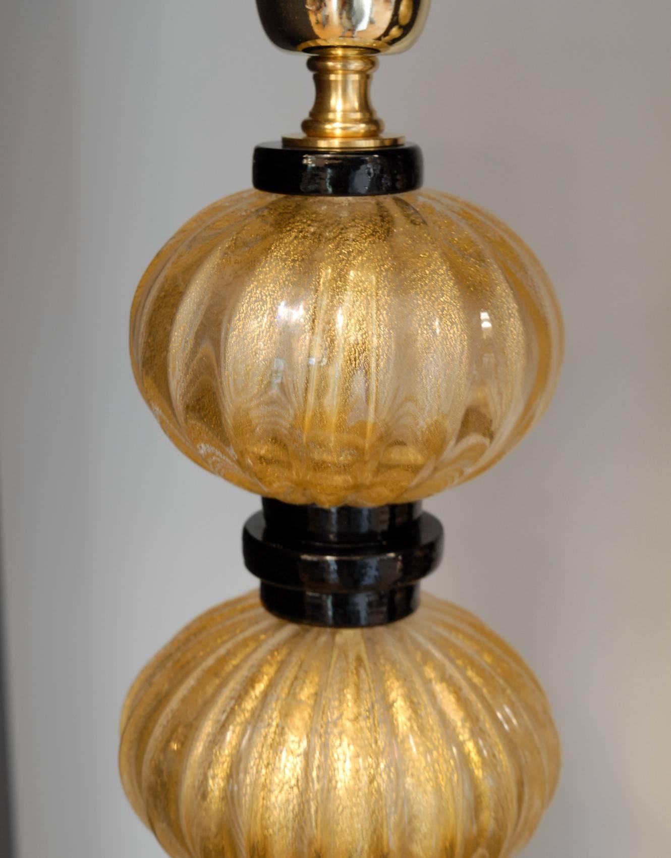 Mid-Century Modern Alberto Dona Pair of Table Lamps, Rigadin Twisted with Gold Leaf, Black Elements
