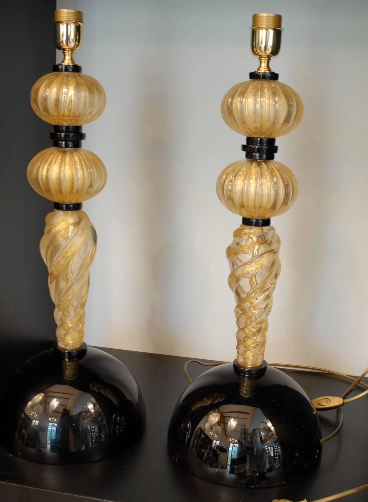 20th Century Alberto Dona Pair of Table Lamps, Rigadin Twisted with Gold Leaf, Black Elements