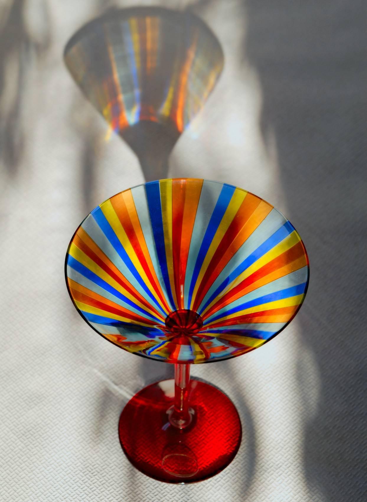Six Martini Glass, Cenedese a Canne, Cadmium Red Stem, Signed, circa 1960 2