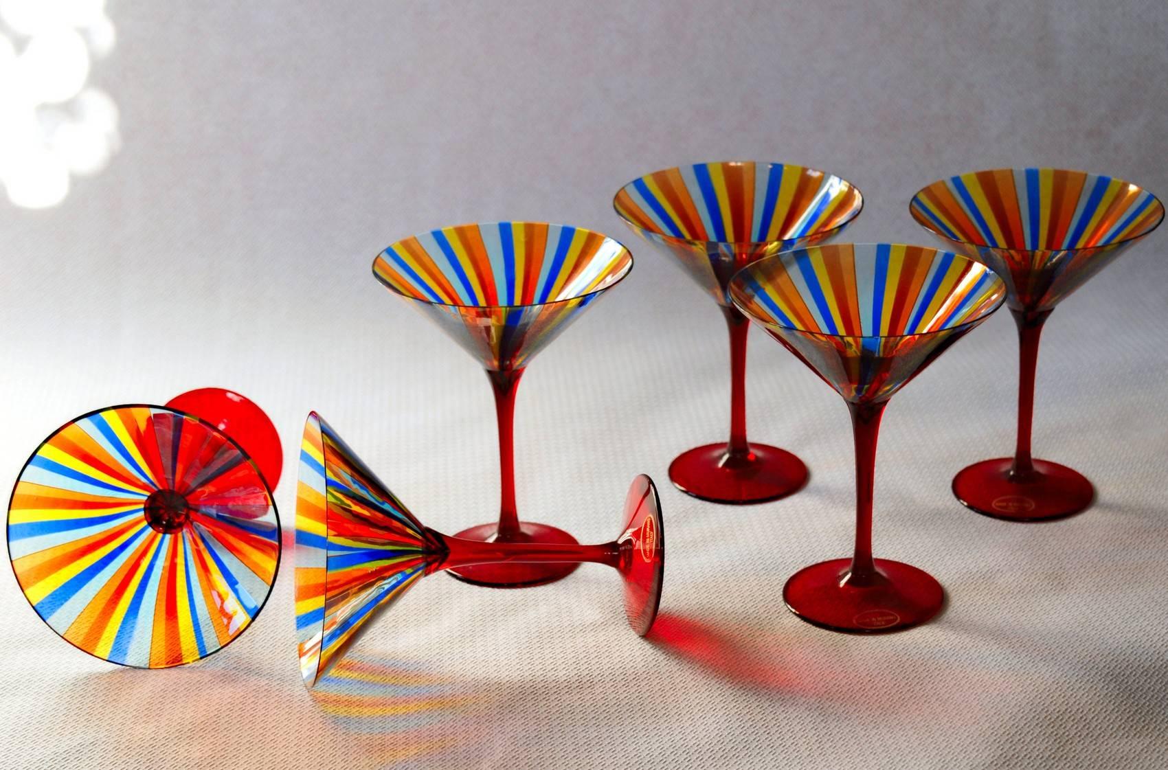 Mid-20th Century Six Martini Glass, Cenedese a Canne, Cadmium Red Stem, Signed, circa 1960