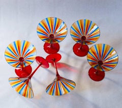 Six Martini Glass, Cenedese a Canne, Cadmium Red Stem, Signed, circa 1960