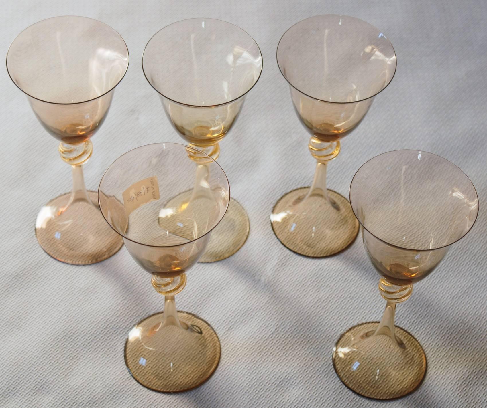 Five Wine Glasses, Cenedese Fume, Gold Leaf Neck, Hand-Opened Stem, Signed 1990s 1
