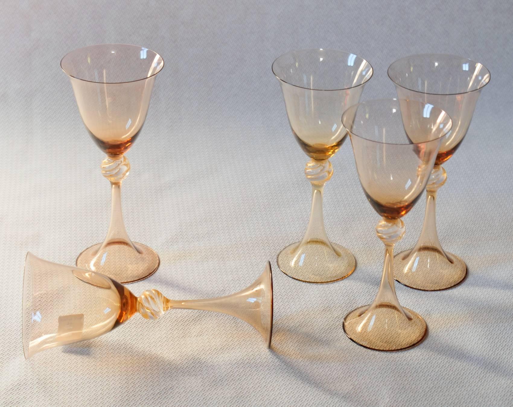 20th Century Five Wine Glasses, Cenedese Fume, Gold Leaf Neck, Hand-Opened Stem, Signed 1990s