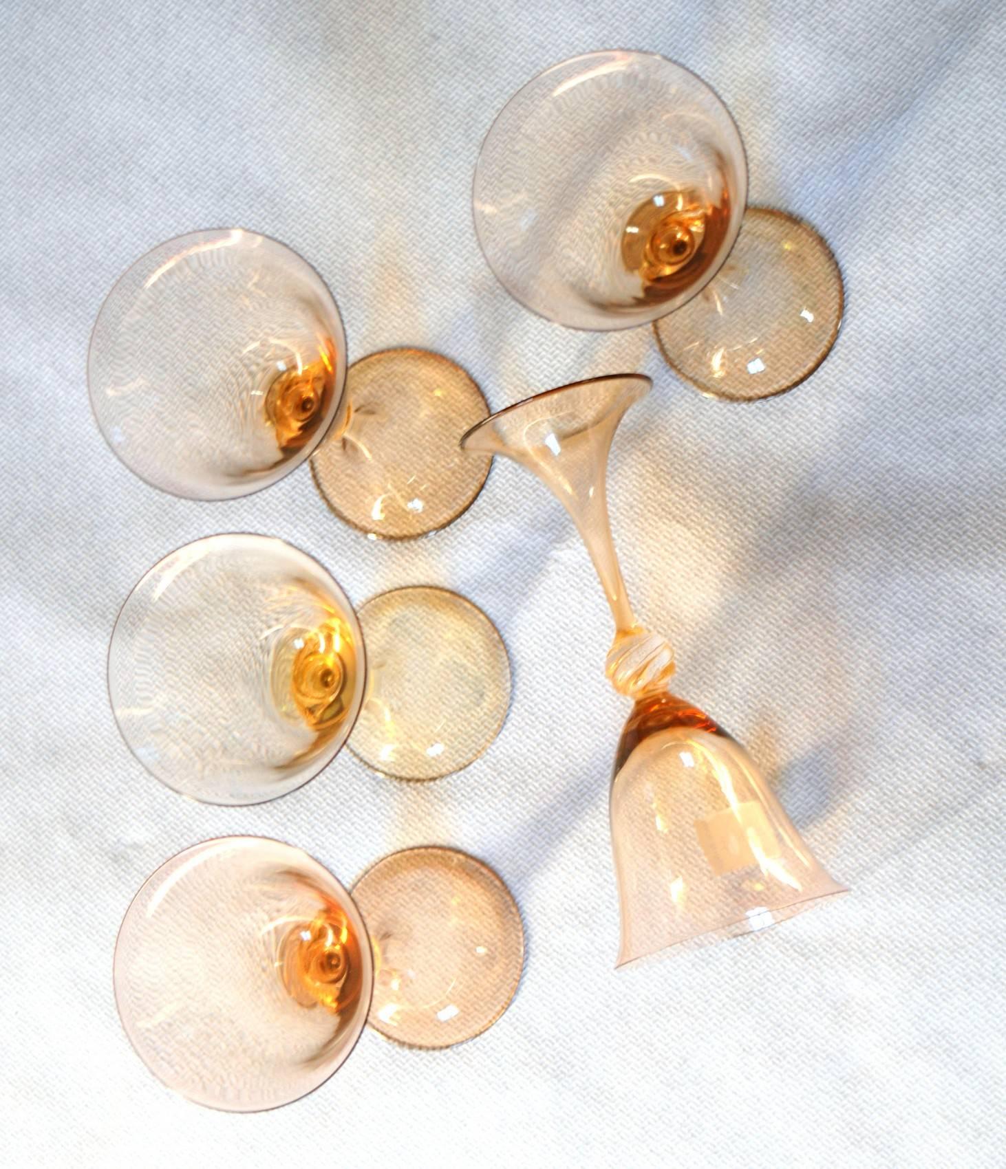 Blown Glass Five Wine Glasses, Cenedese Fume, Gold Leaf Neck, Hand-Opened Stem, Signed 1990s