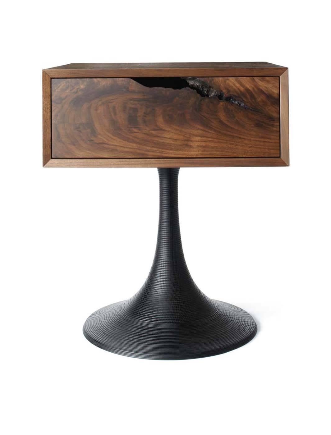 Drawer box of American hardwoods on base of hand-turned ash. Soft-close, dovetailed drawer with live-edge pull. Stunning side tables for bedside or living room use. Designed in 2008 by Scott McGlasson.