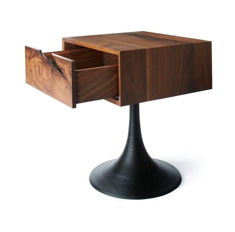 Cabinet of American hardwoods on base of hand-turned ash. Soft-close, dovetailed drawer with pull created from the natural void of a tree crotch. Stunning side tables for bedside or living room use. Designed in 2008 by Scott McGlasson.