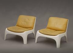 Set of Four Easy Chairs in Fiberglass with Mustard Yellow Leather Pillows, 1970