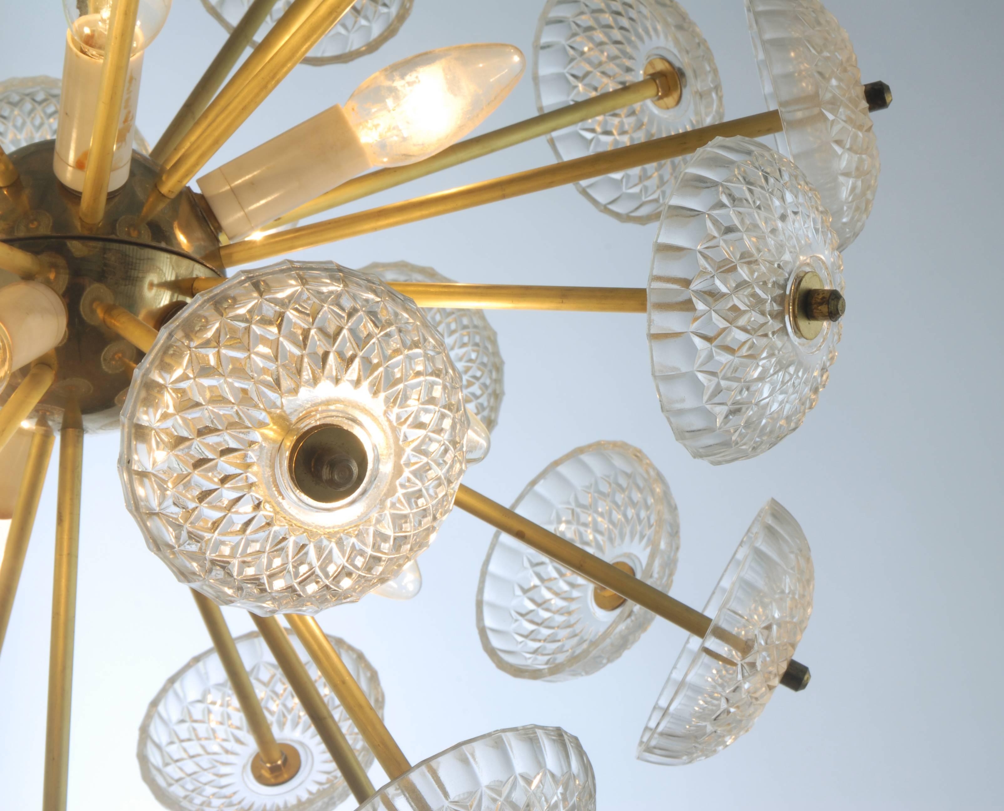 Late 20th Century Brass and Glass Dandelion Sputnik Chandelier, Czechoslovakia, 1970 For Sale