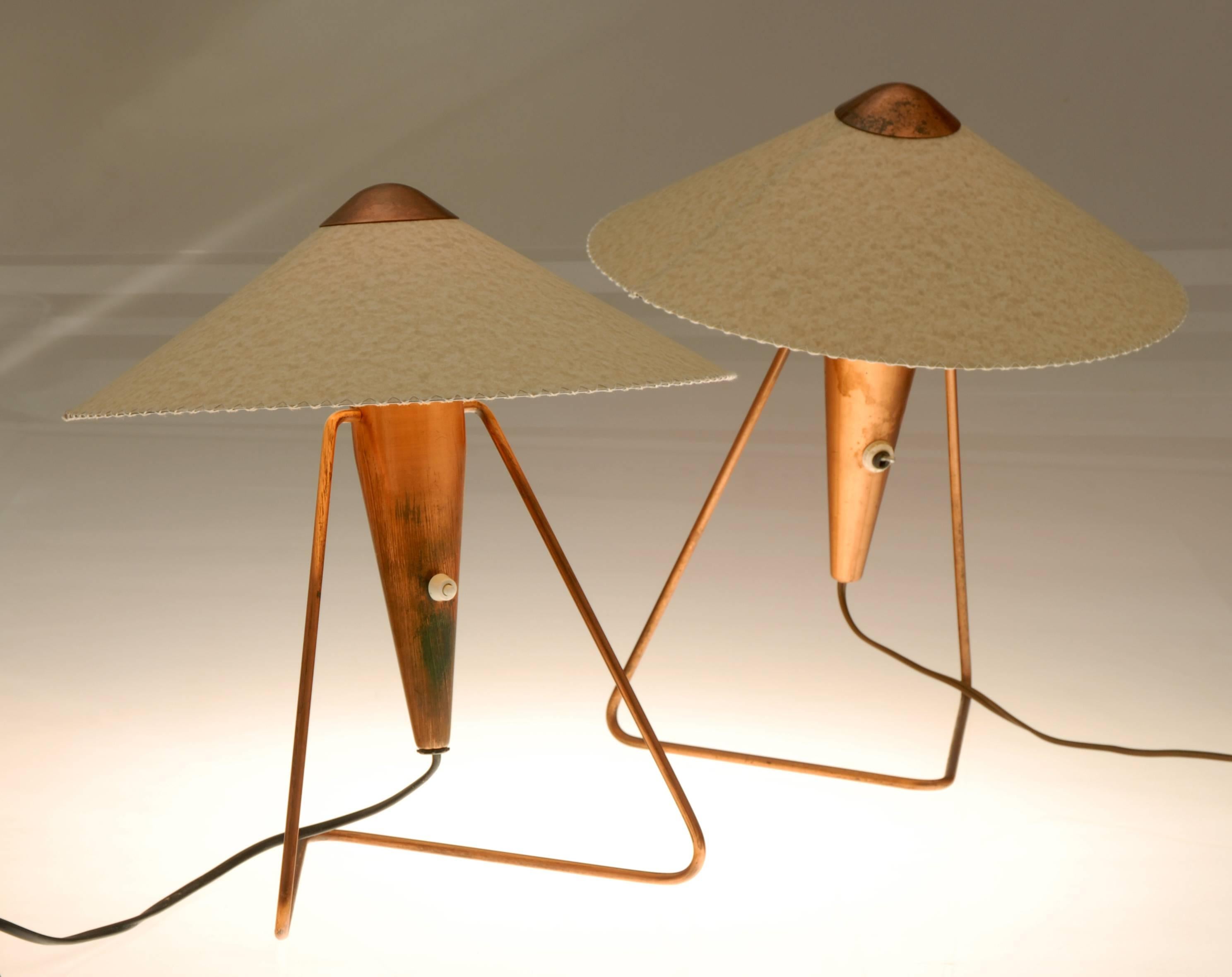 Set of two table lamps with copper frames and parchment shades. Designed by Helena Frantova and made by Okolo in Czechoslovakia in 1953.
     