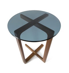 Peasant Contemporary Side Table with Walnut Frame and Glass Top