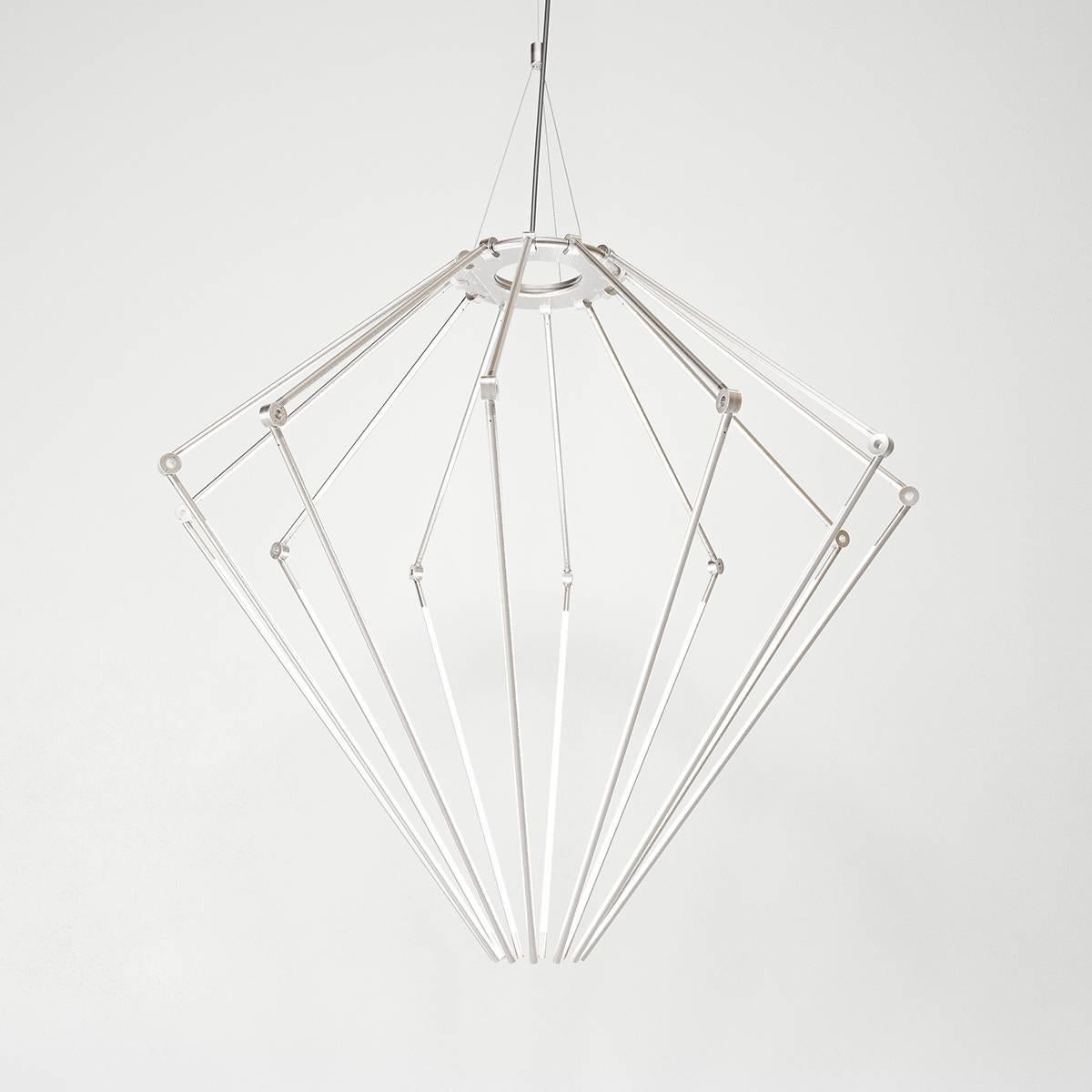 American Solid Brass Contemporary Tall Chandelier with Thin Adjustable LED Arms For Sale