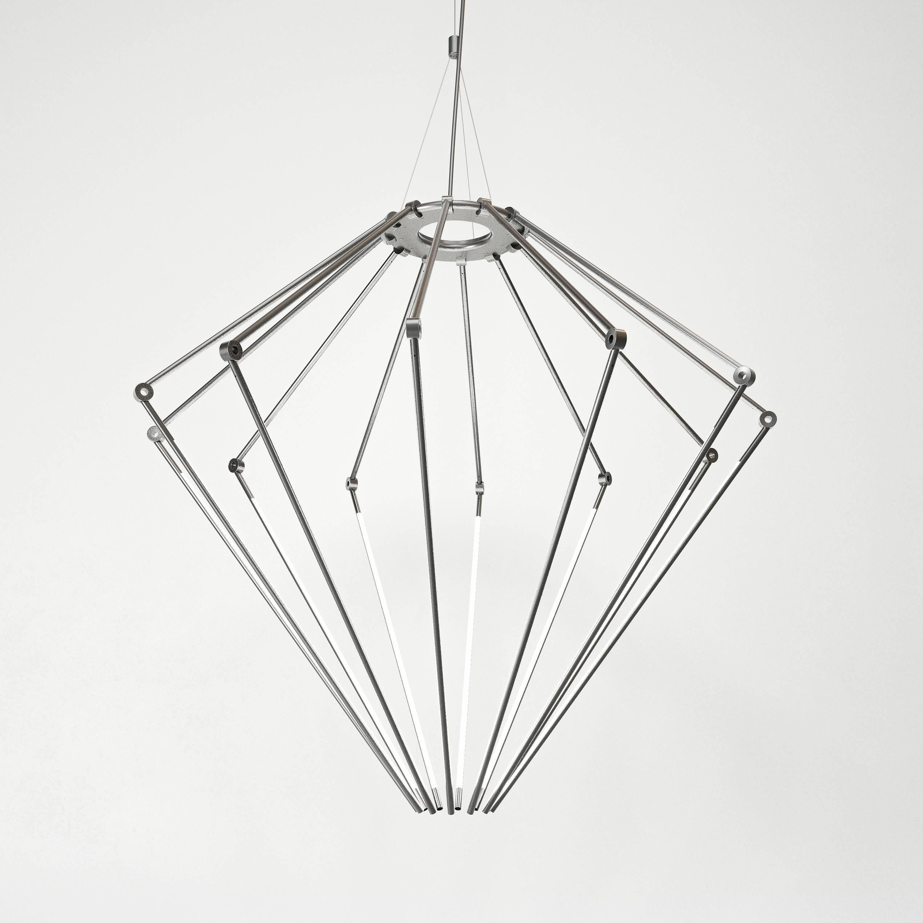 Modern Solid Brass Contemporary Tall Chandelier with Thin Adjustable LED Arms For Sale
