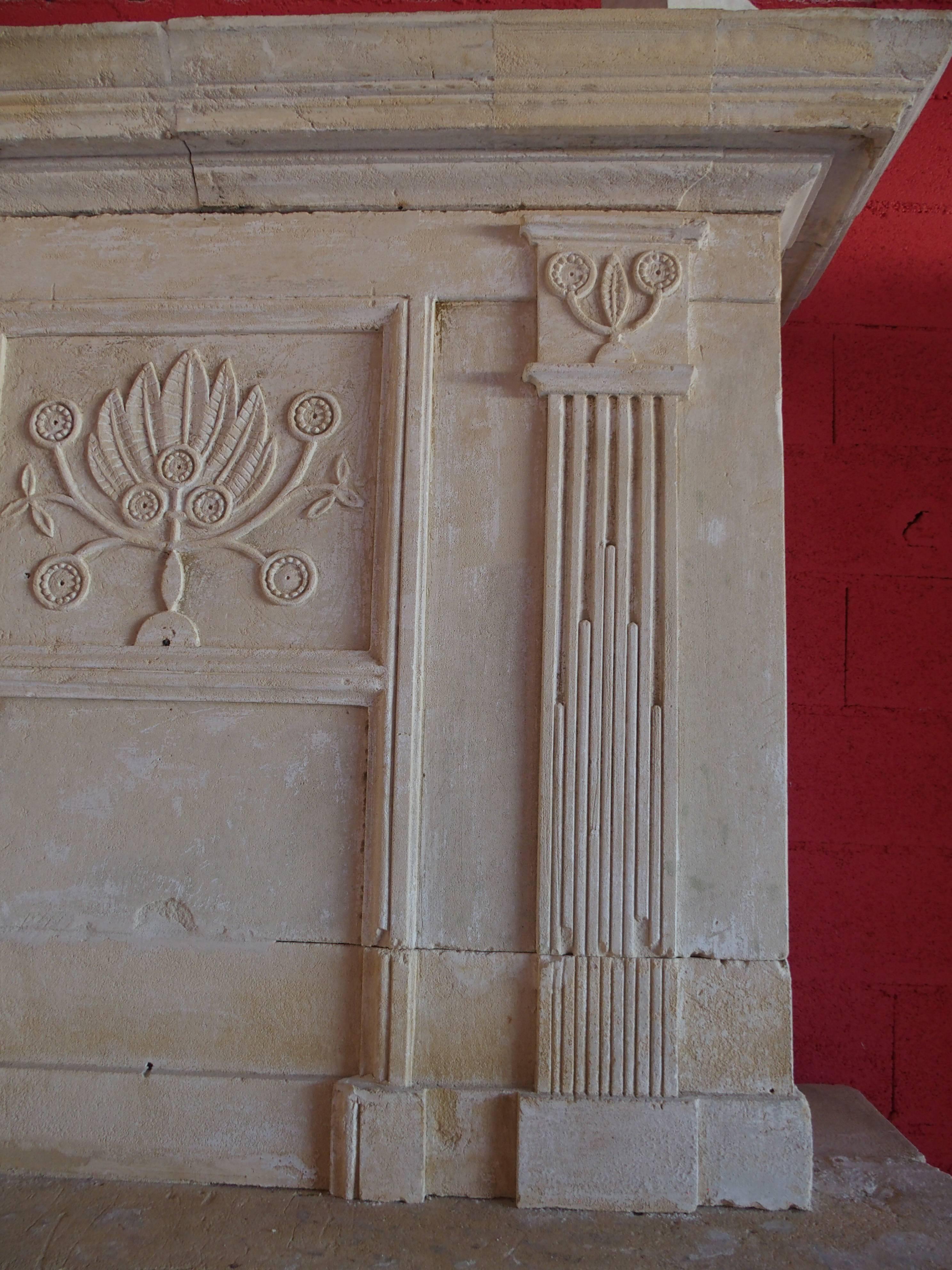 18th Century Louis XVI Fireplace with Trumeau Finely Hand-Sculpted in Limestone For Sale 1