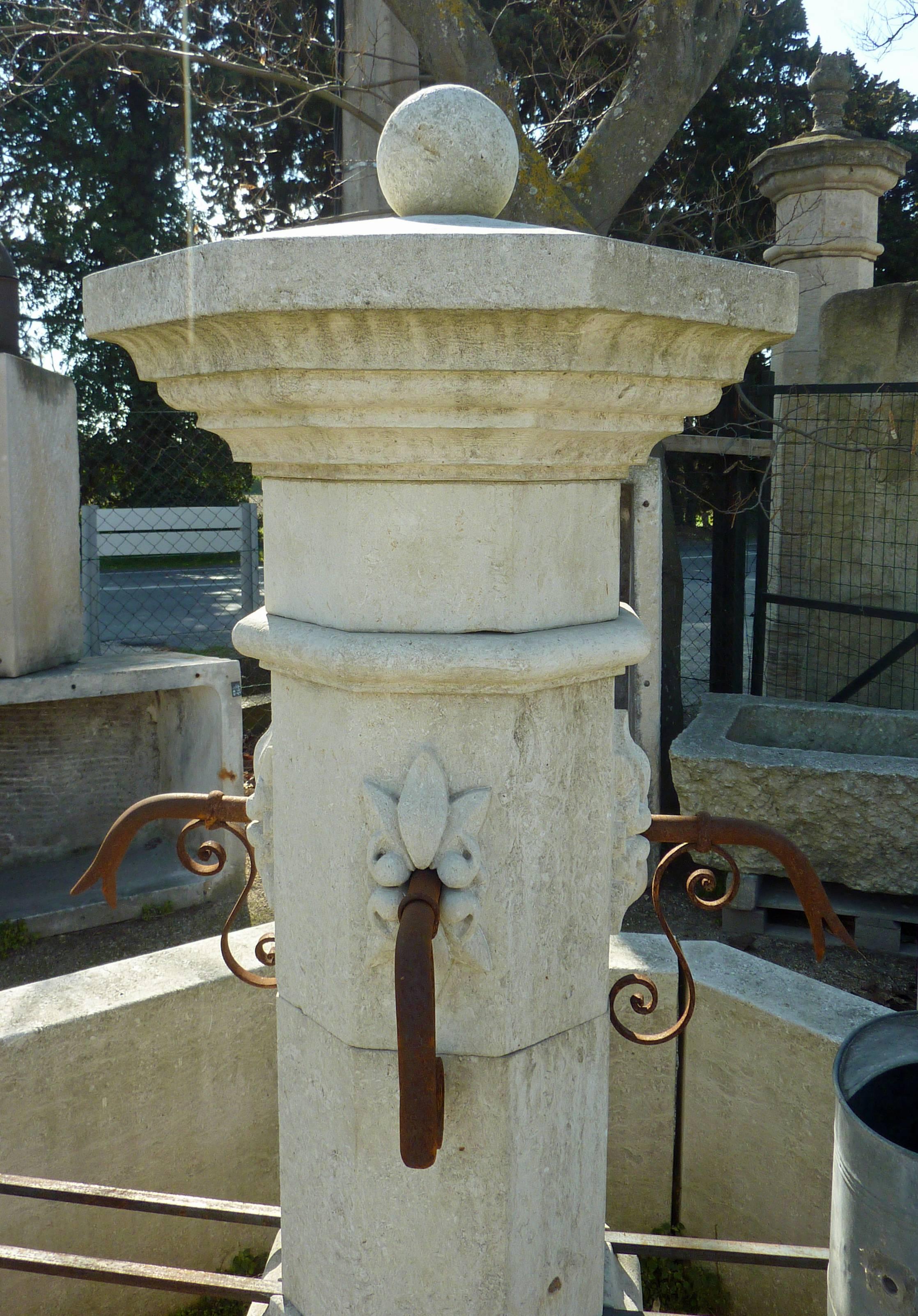 Contemporary Provence Central Octagonal Fountain Hand Carved in French Natural Limestone For Sale