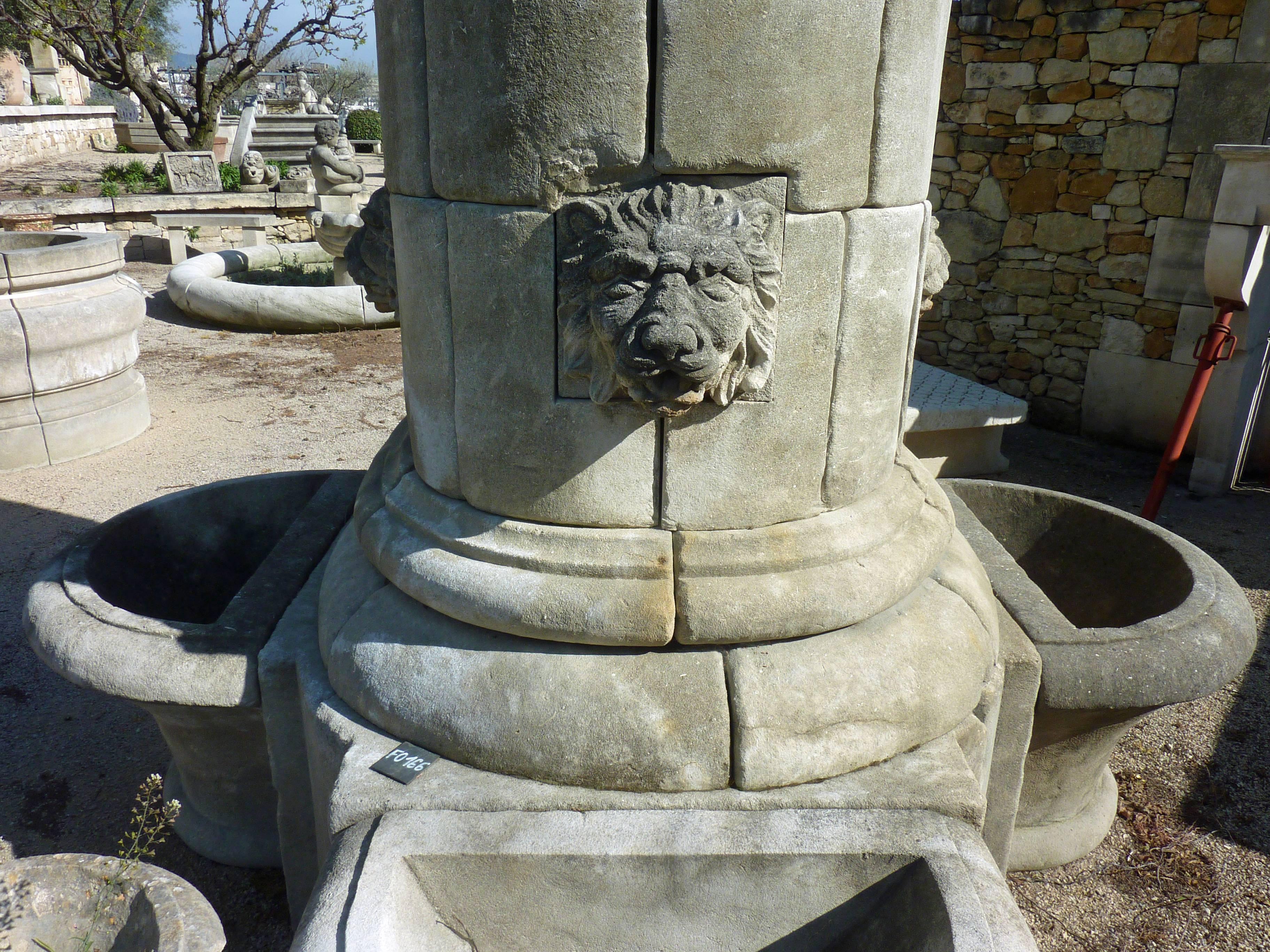 Impressive Central Fountain with 4 Hand-Carved Lions' Heads in French Limestone For Sale 2