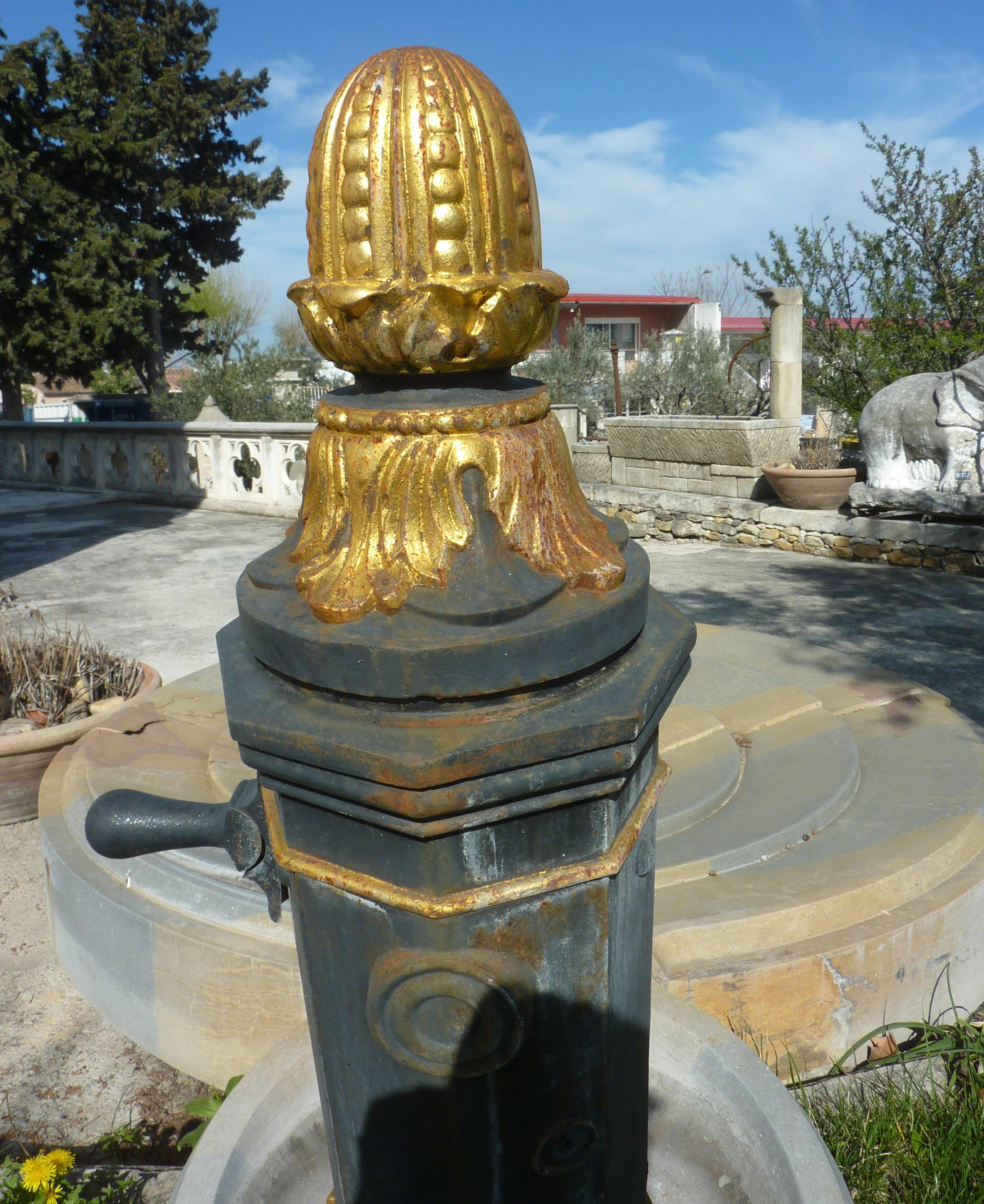 French 21st Century Central Fountain with Spiraling Basin in Stone and Iron Water Pump For Sale