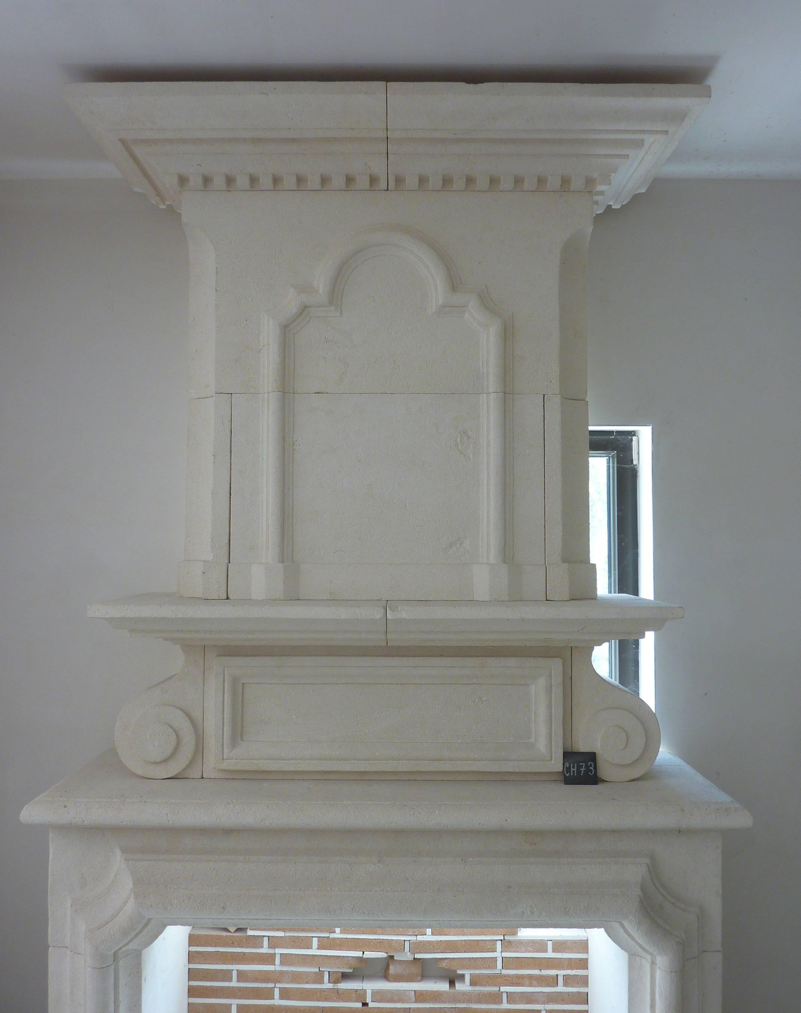 French Magnificent Reissue of Louis XIII Mantel with Trumeau at Two Levels in Limestone For Sale