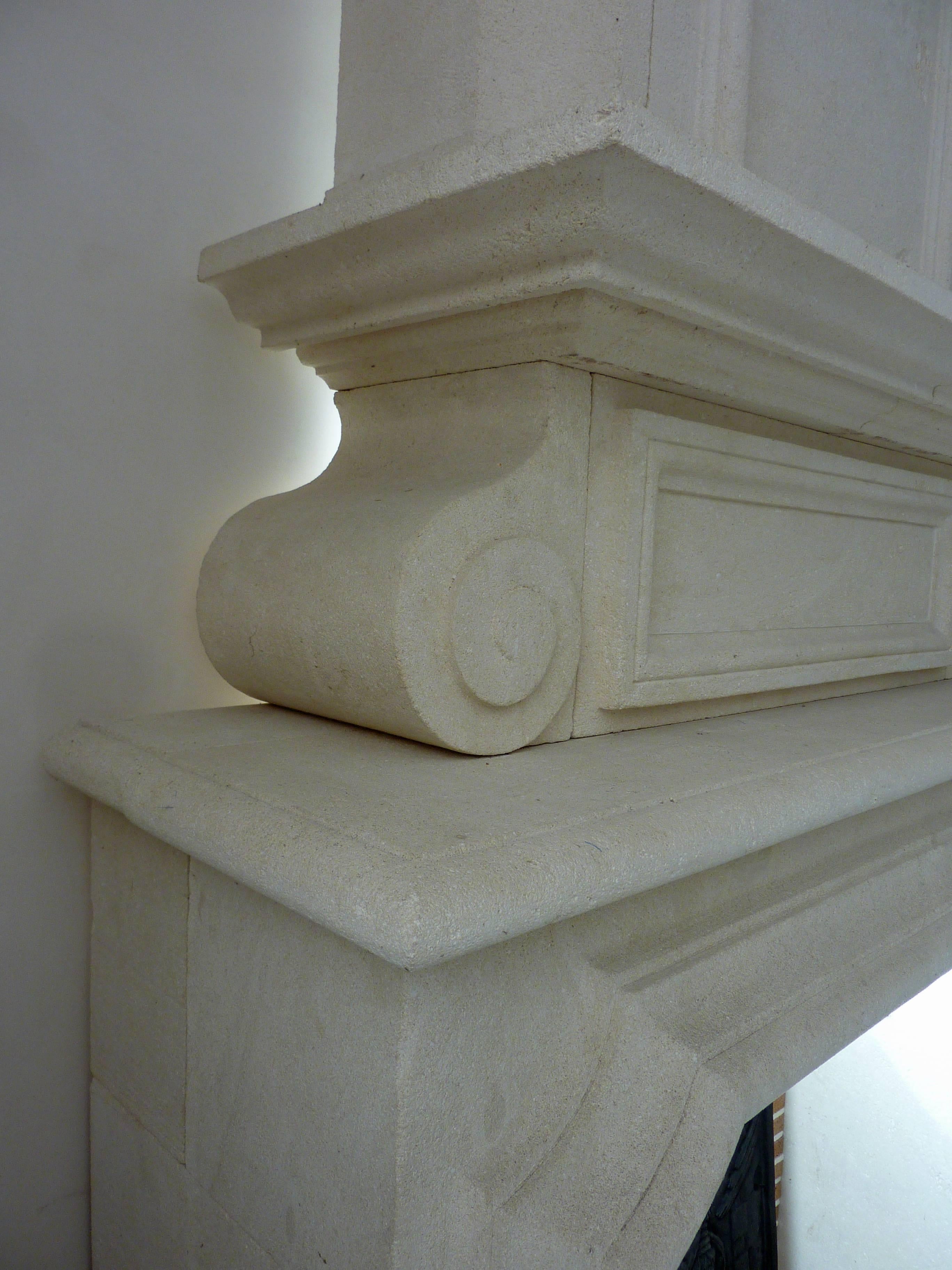 Contemporary Magnificent Reissue of Louis XIII Mantel with Trumeau at Two Levels in Limestone For Sale