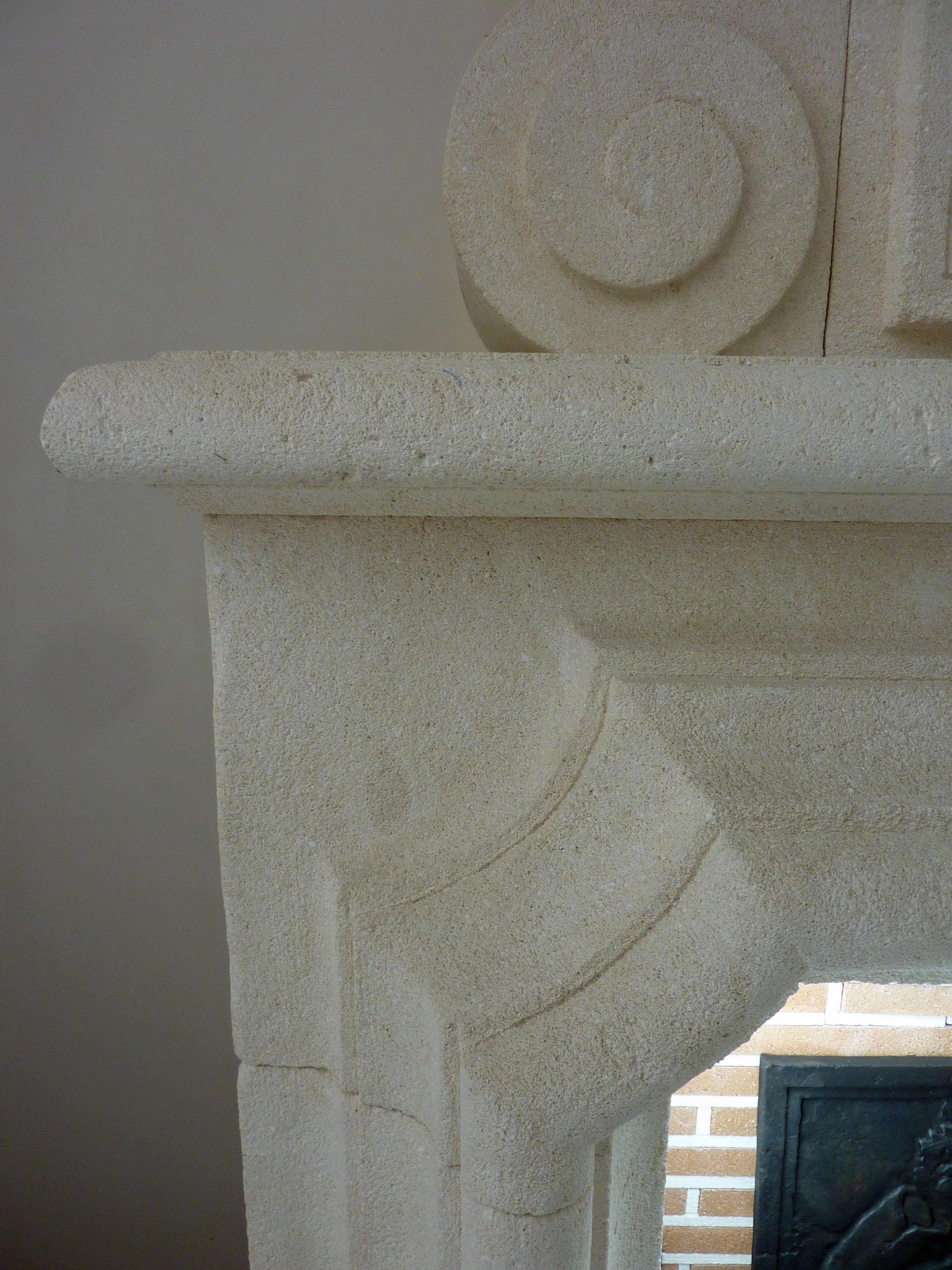 Carved Magnificent Reissue of Louis XIII Mantel with Trumeau at Two Levels in Limestone For Sale