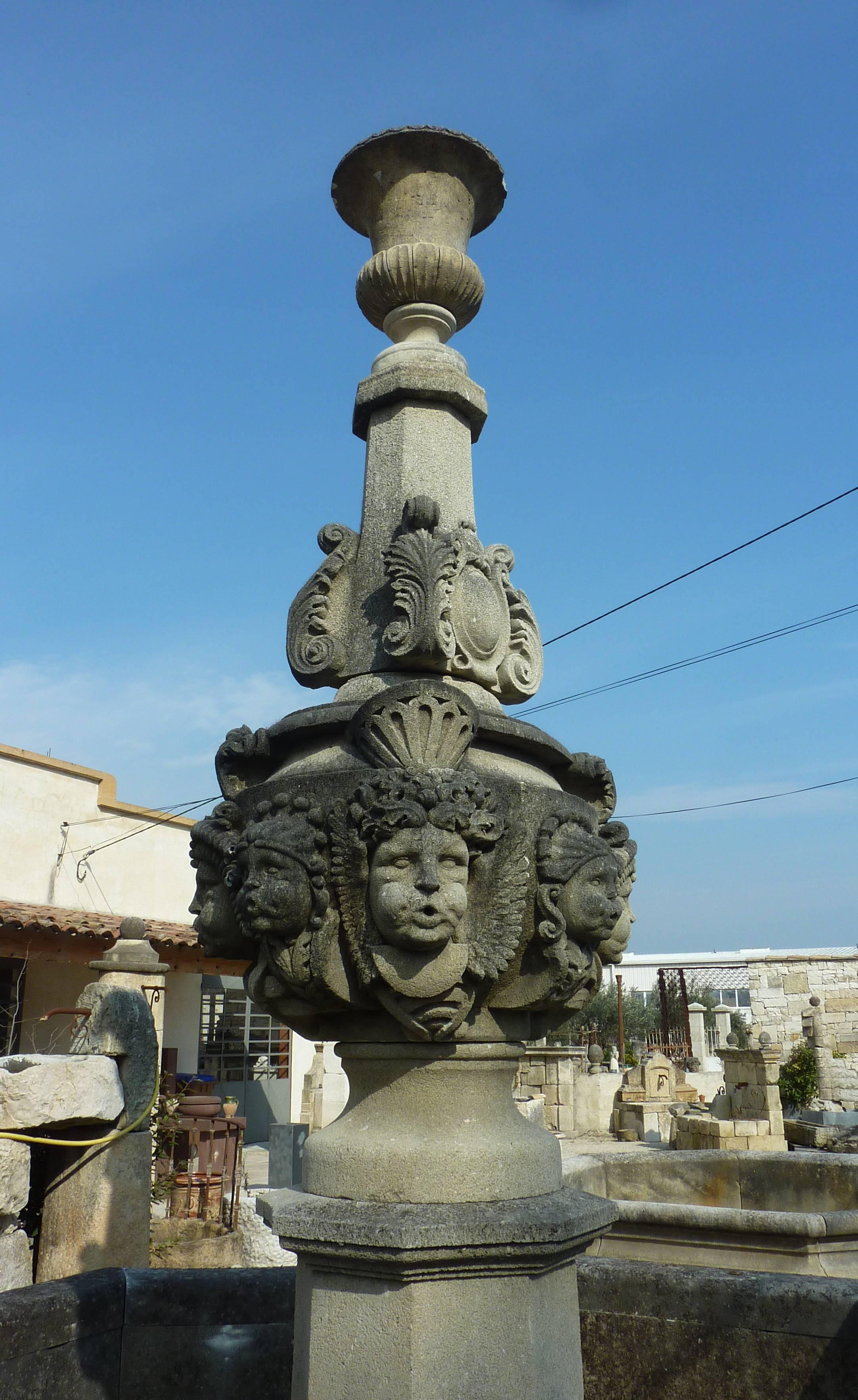 This one-of-kind fountain is a sublime work of art!

Carved into a French natural limestone, the Roche d'Espeil, it now shows a stunning natural patina.

This unique piece is a creation inspired by the Gothic style. It presents a wide octagonal