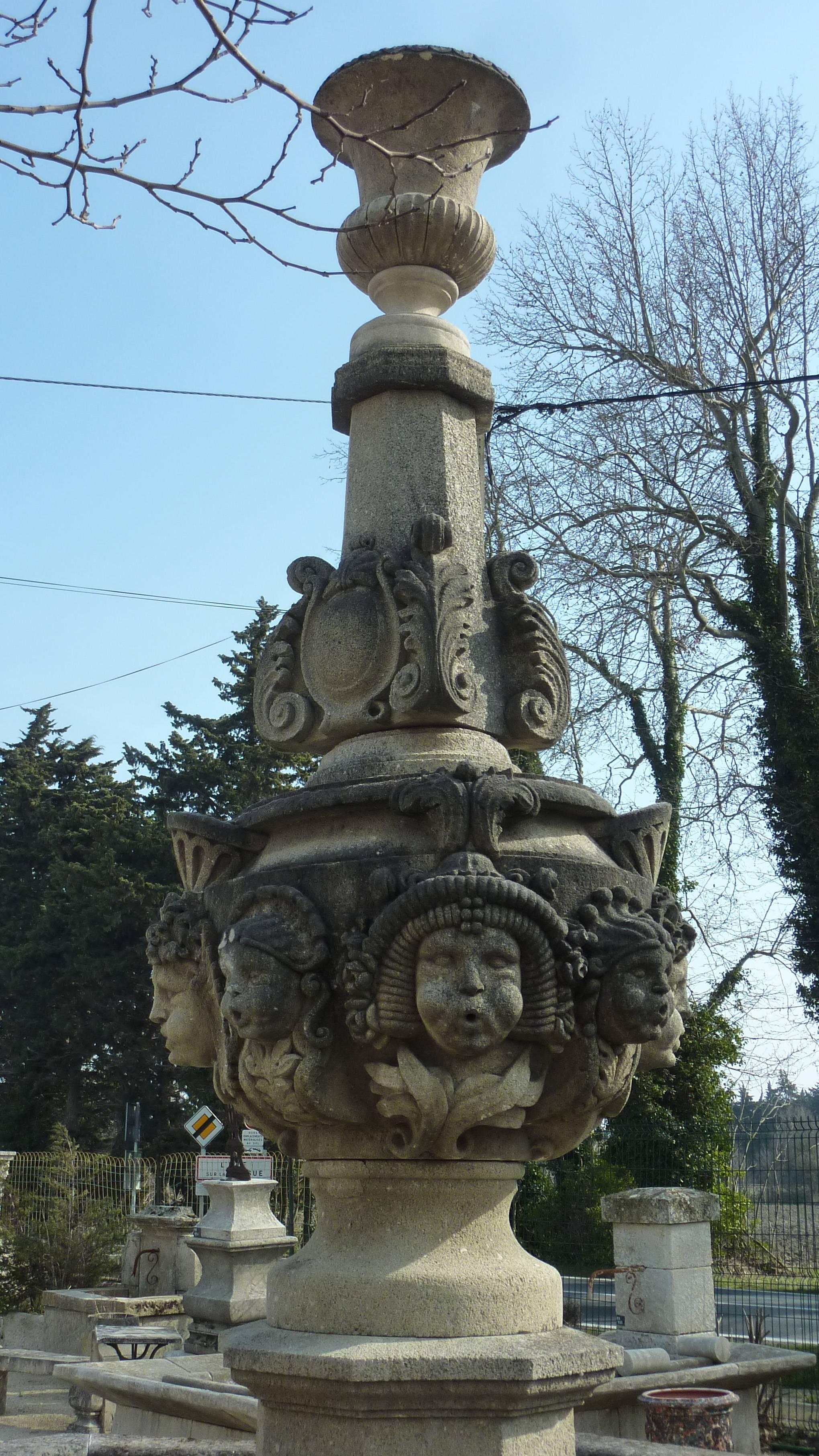 French Magnificent Gothic-Style Central Fountain with Hand-Sculpted Heads For Sale