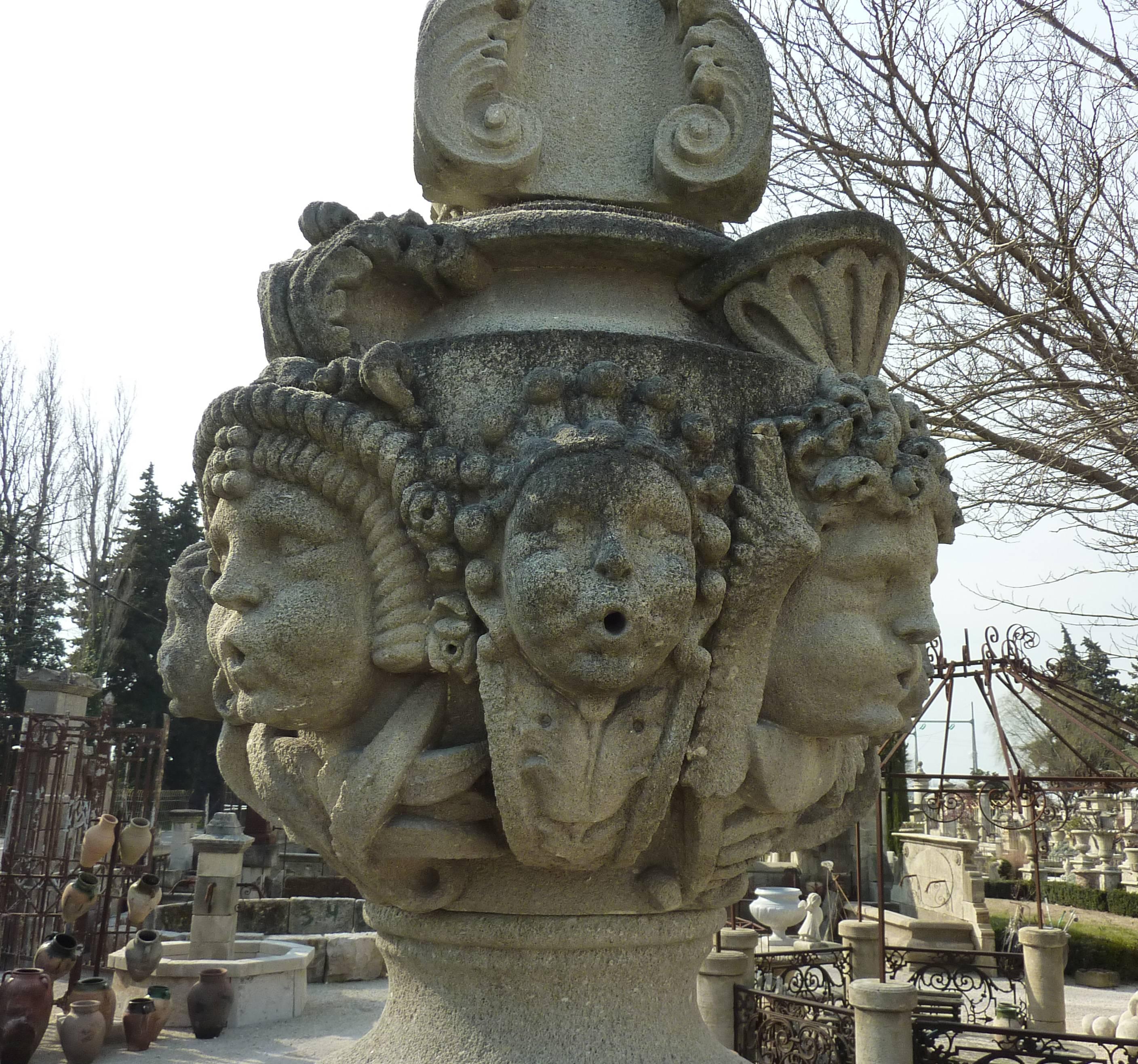 Hand-Carved Magnificent Gothic-Style Central Fountain with Hand-Sculpted Heads For Sale