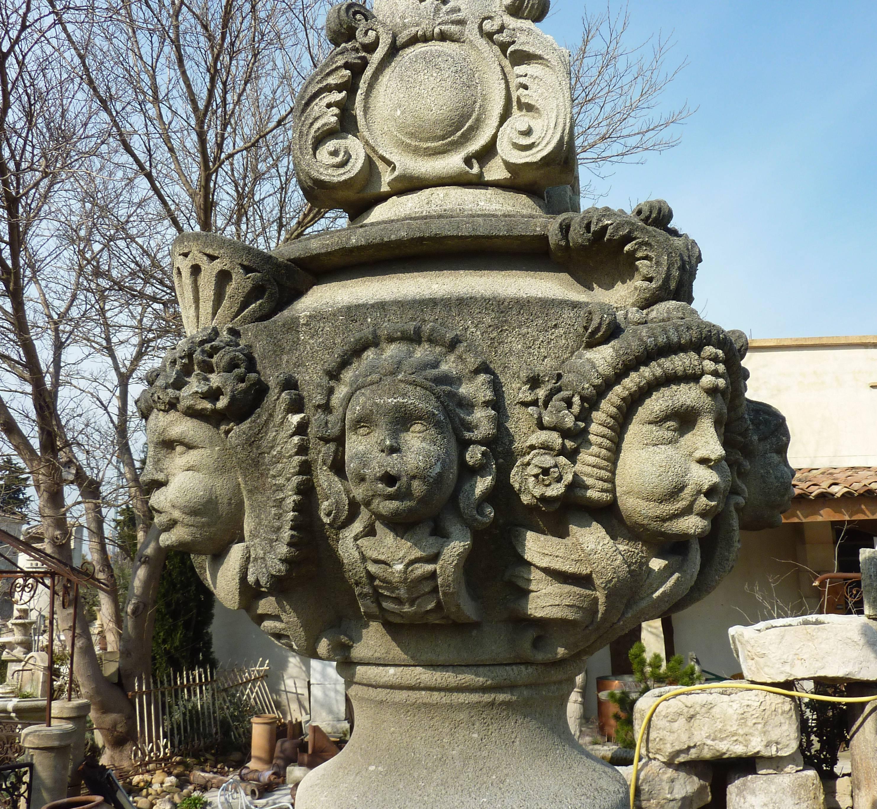 20th Century Magnificent Gothic-Style Central Fountain with Hand-Sculpted Heads For Sale