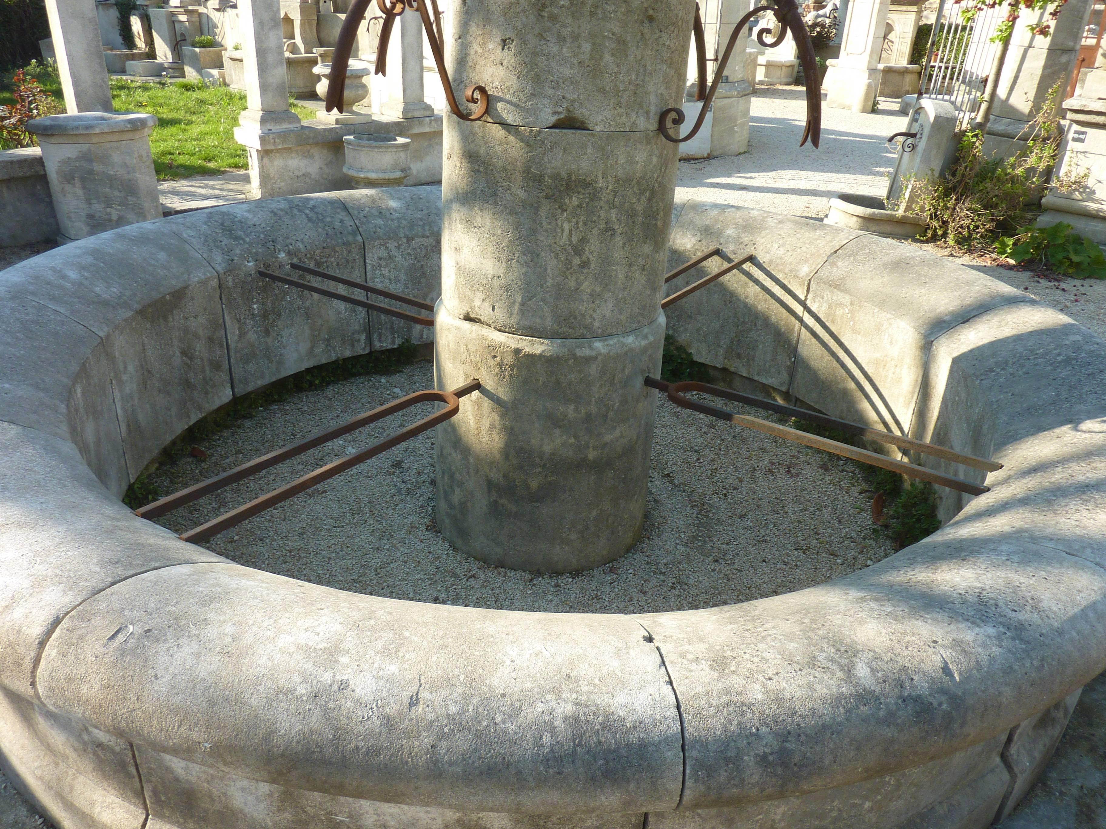 Hand-Carved Large and Rustic Village Central Fountain in French Natural Limestone For Sale