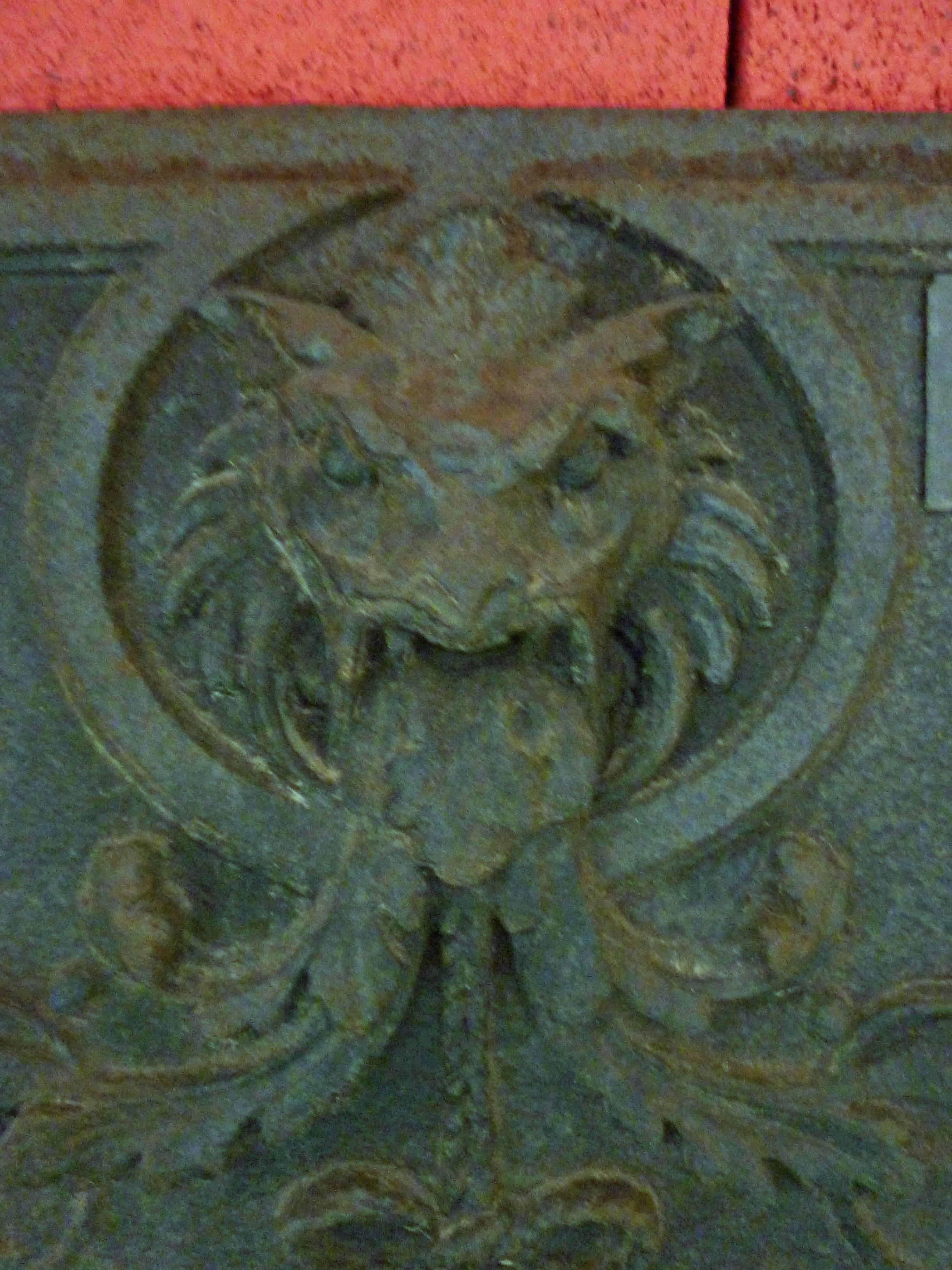 French Rare Antique 18th Century Cast Iron Fireback with Lion's Head For Sale
