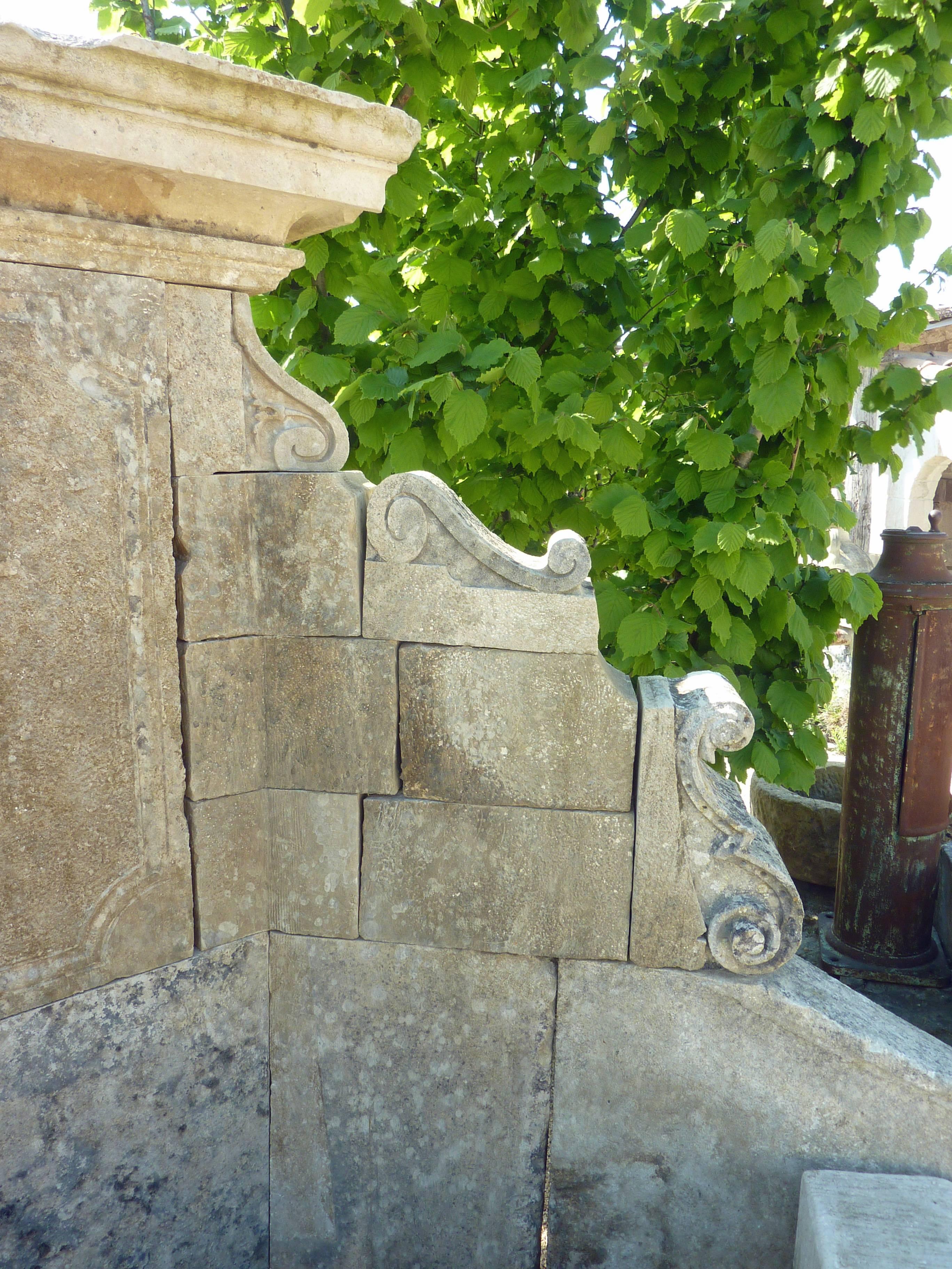 Unique Wall-Fountain Carved in French Limestone with Curved Basin and Sculptures 2